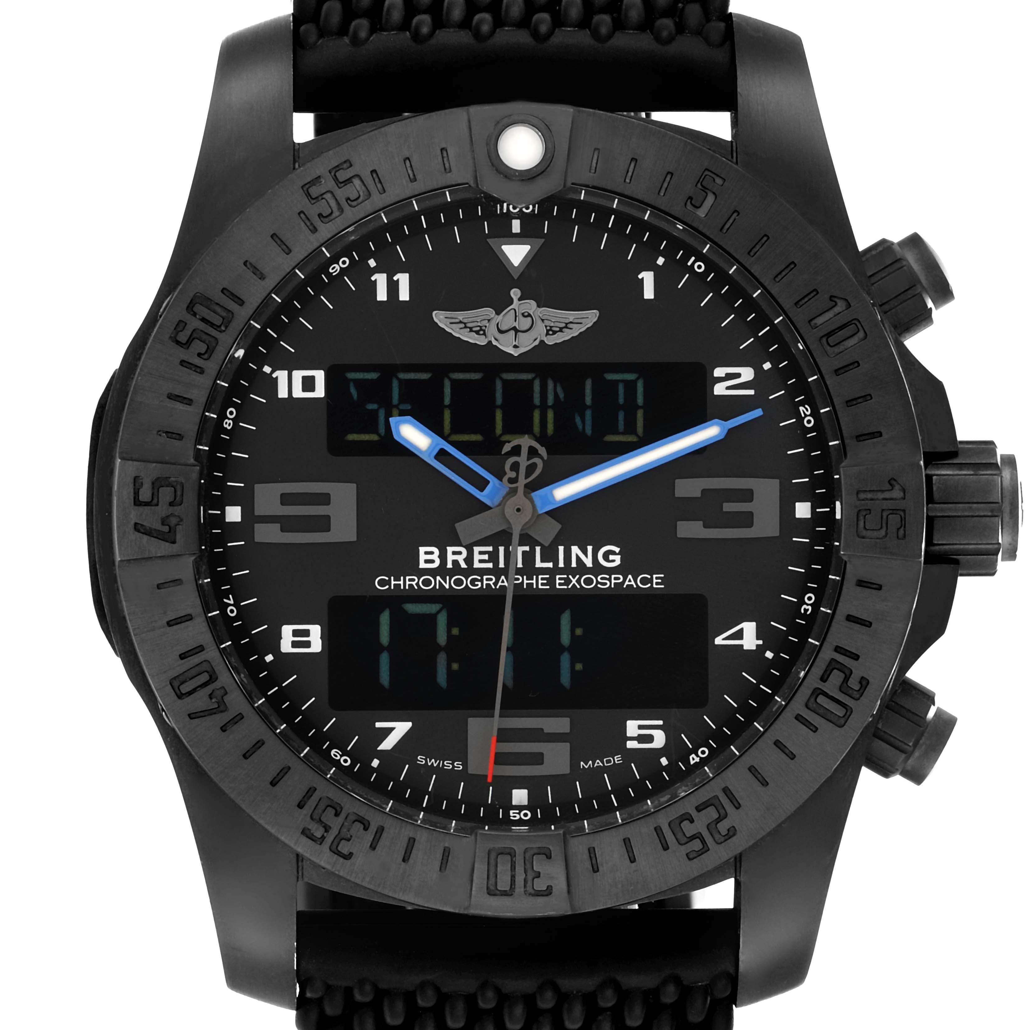 The image shows a front view of the Breitling Professional Series watch, model number VB5510, displaying its case, dial, hands, and digital displays.