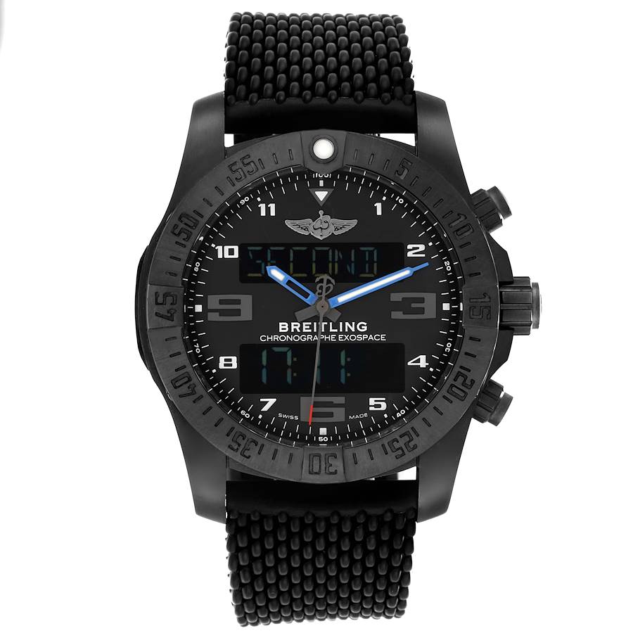 The image shows a front view of the Breitling Professional Series watch, model VB5510, highlighting the black dial, digital displays, and textured black strap.