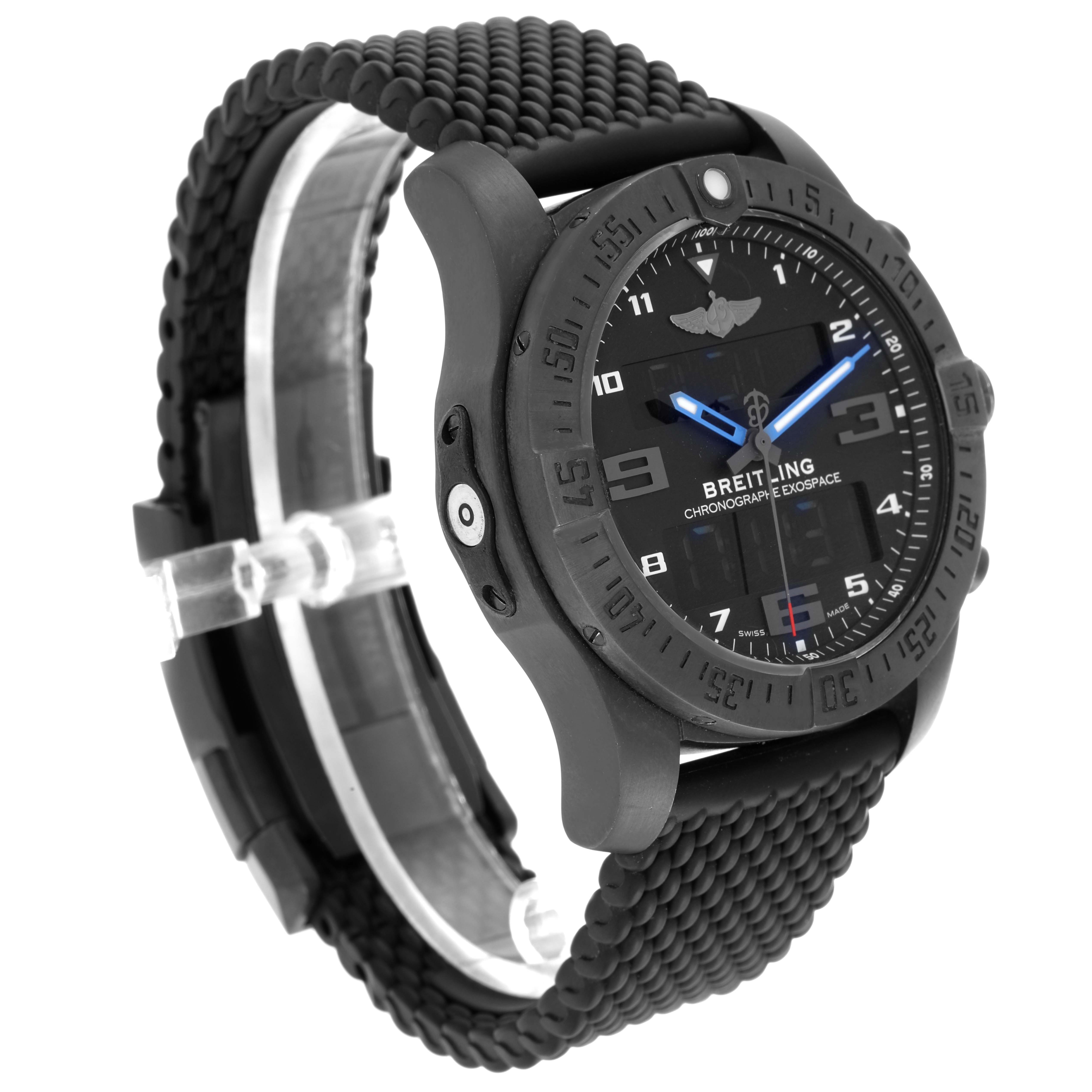 The Breitling Professional Series model VB5510 is shown from a three-quarter side angle, displaying the face, bezel, and textured black strap.