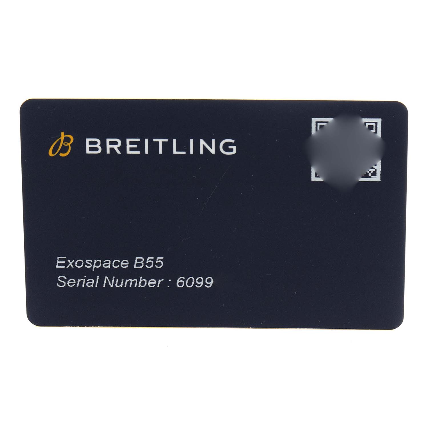 The image shows a Breitling Professional Series model Exospace B55 VB5510 warranty card, displaying the brand name, model name, and serial number.