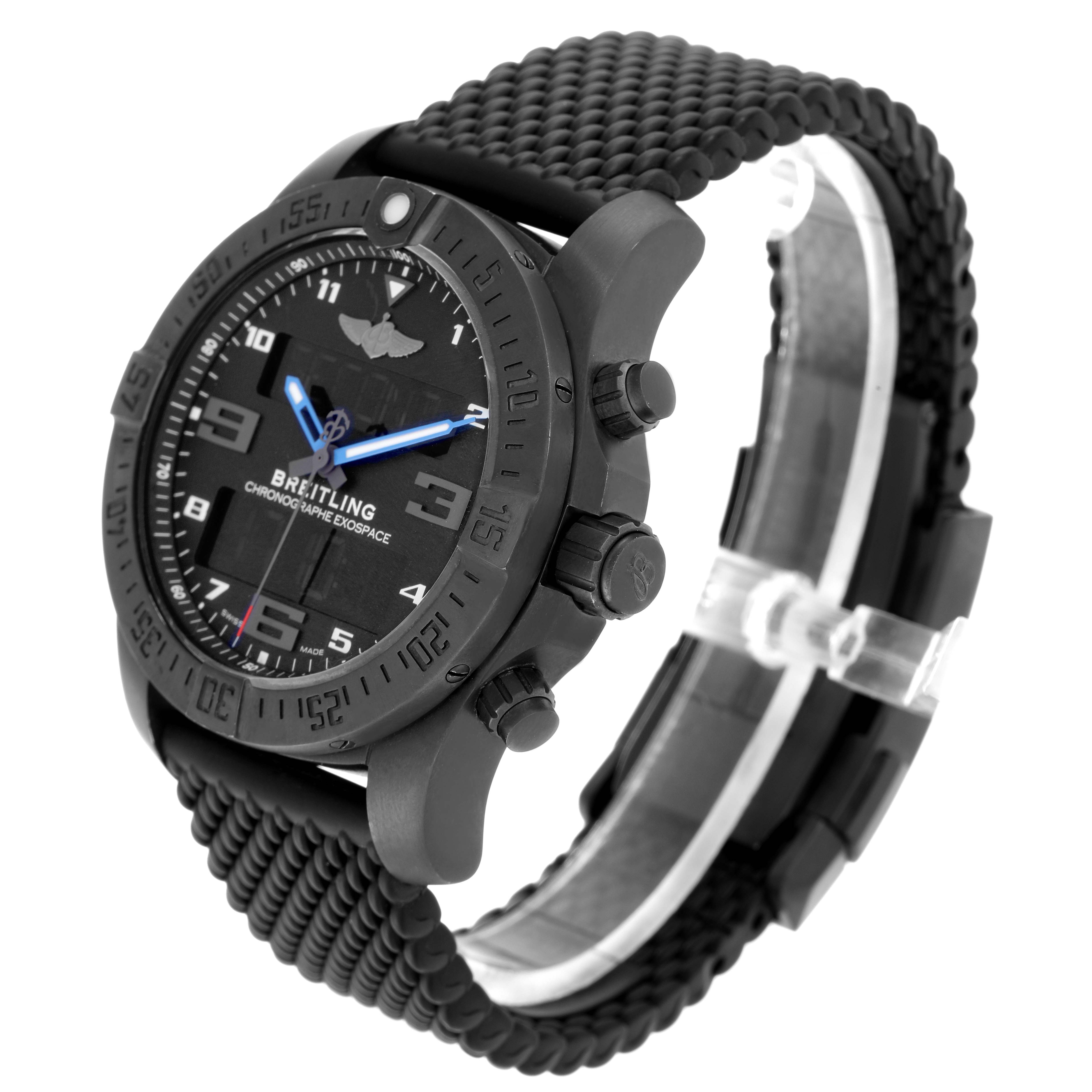 The image shows a Breitling Professional Series VB5510 men's watch at a three-quarter angle, highlighting the black bezel, luminous hands, dial, and textured strap.