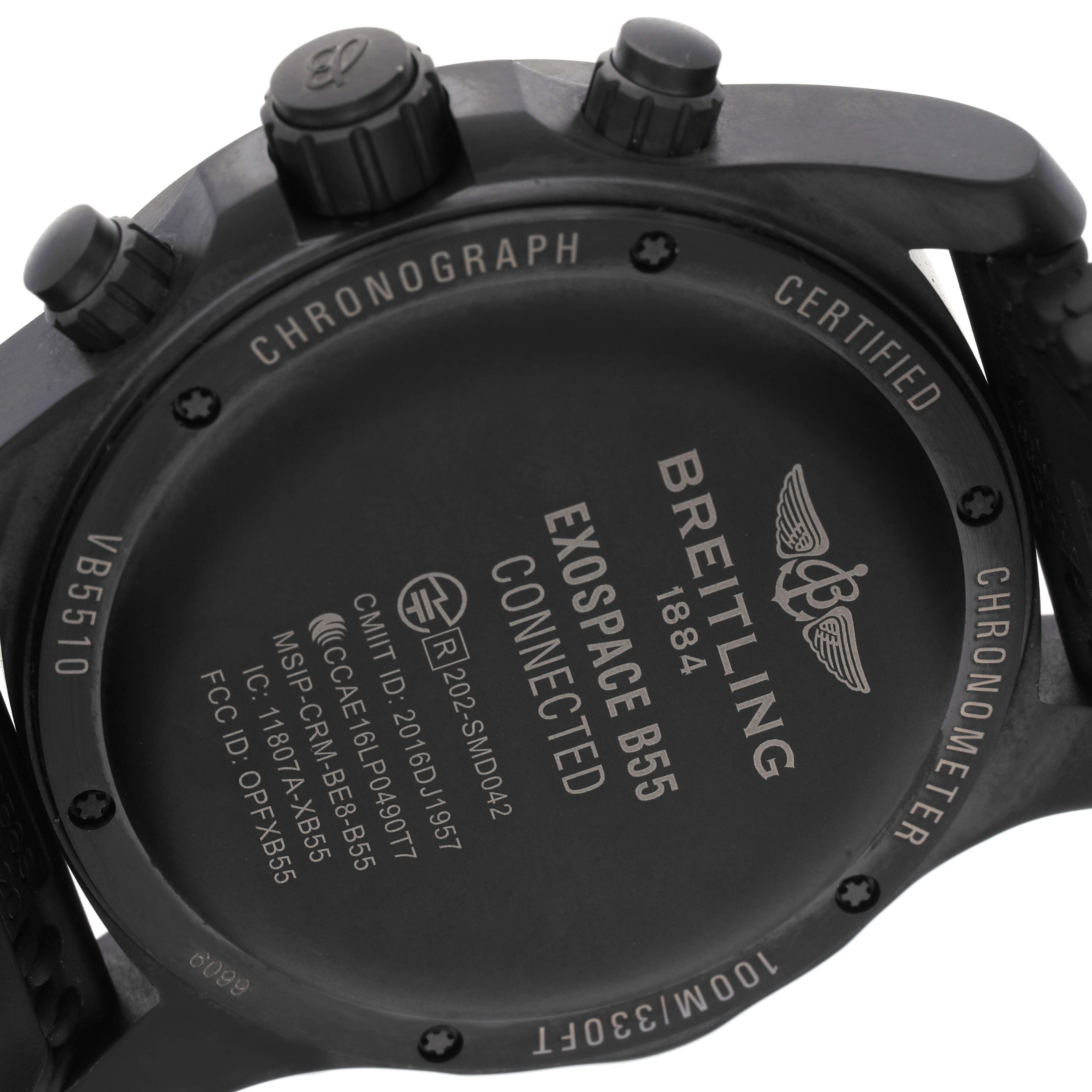 The image shows the back case and side buttons of the Breitling Professional Series Exospace B55, model VB5510, highlighting its engravings and details.