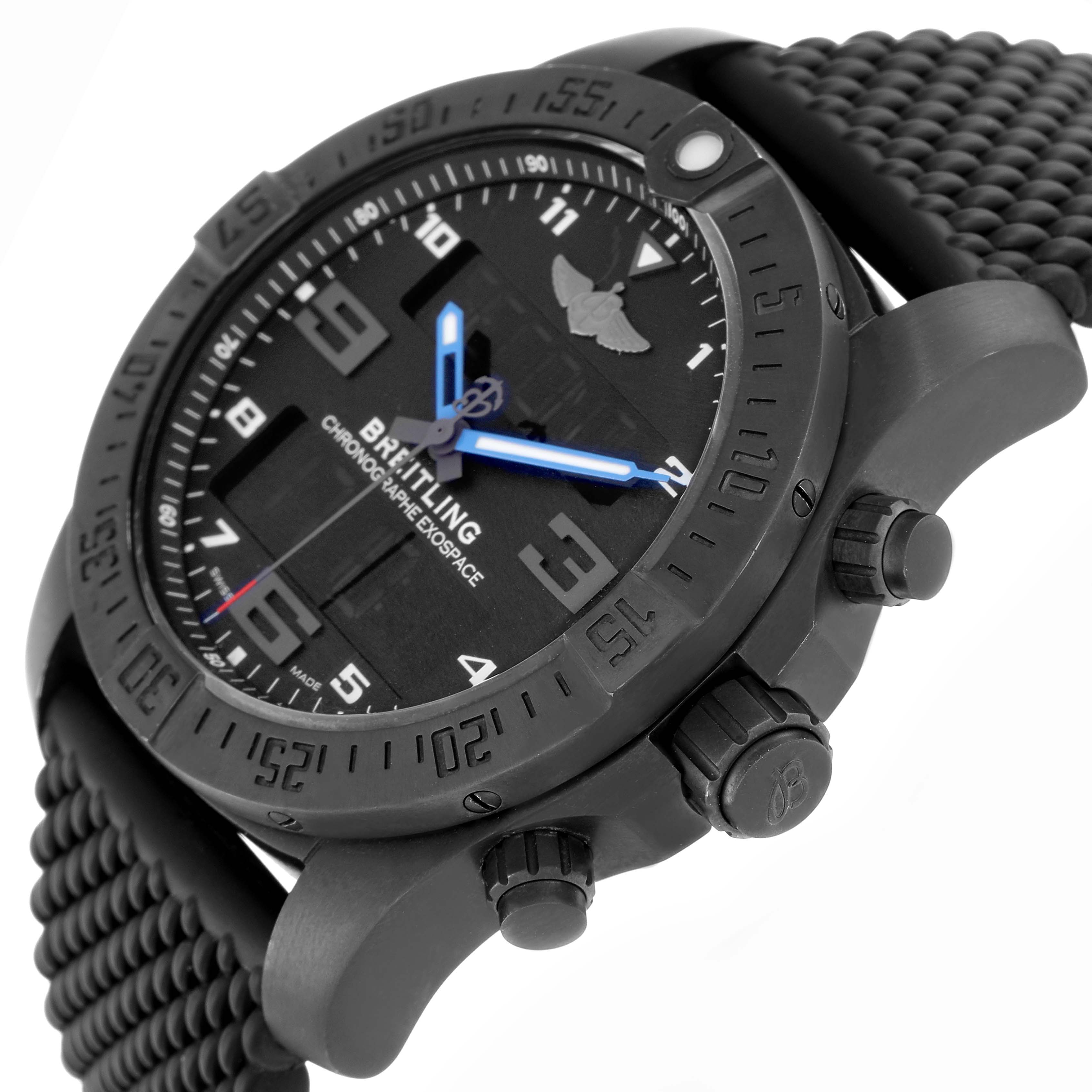 The Breitling Professional Series VB5510 men's watch is shown from a side angle, highlighting the bezel, case, dial, pushers, and textured strap.