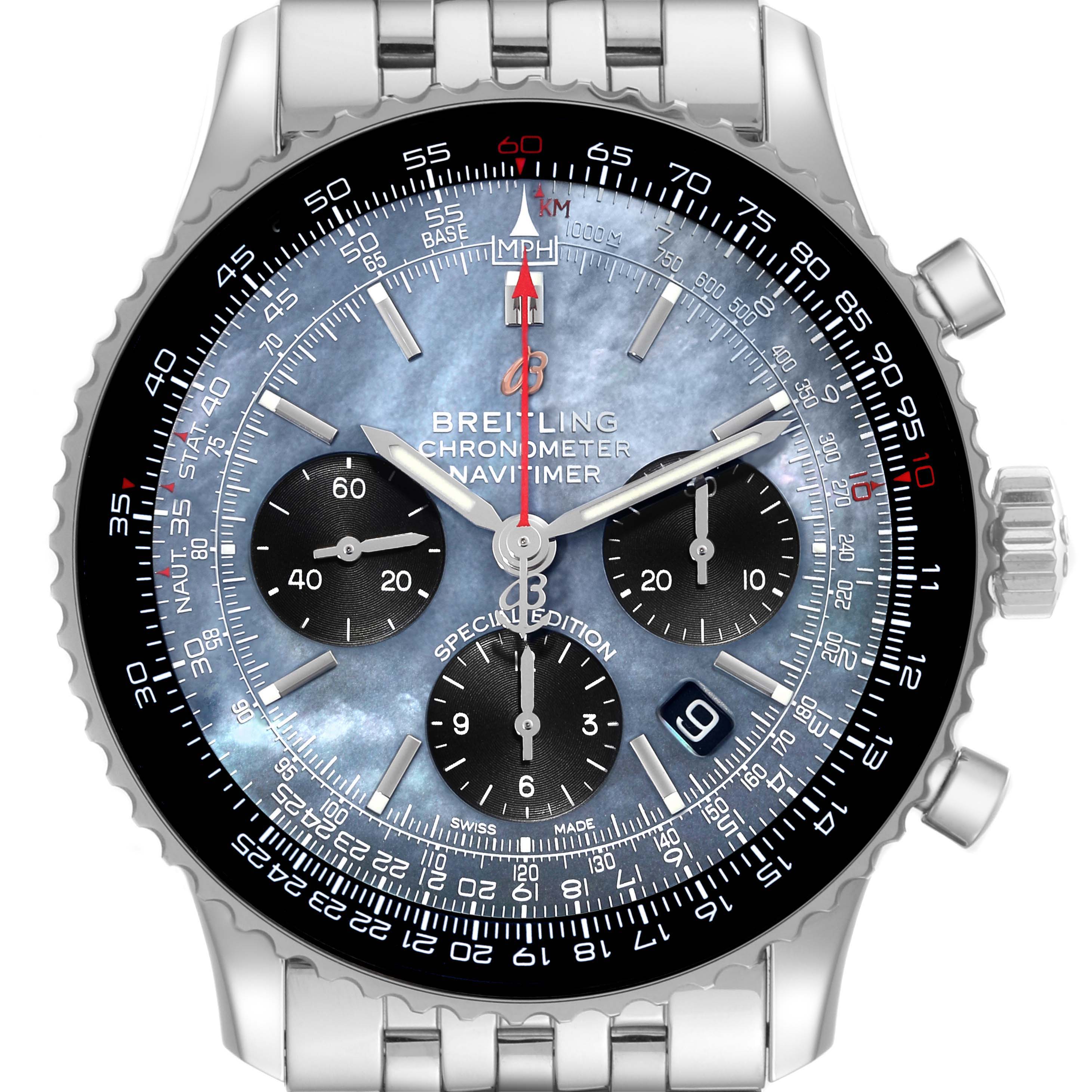 The image shows a front view of the Breitling Navitimer AB0121 Men's Stainless Steel Mother of Pearl Dial AB0121 Men's Stainless Steel Mother of Pearl Dial watch, including its face and strap.