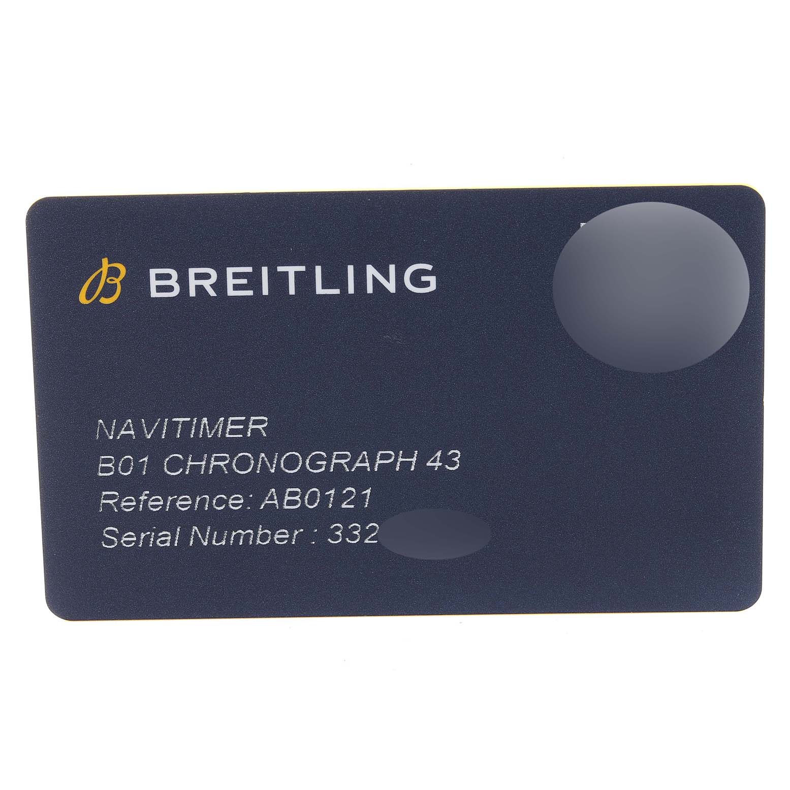 The image shows a warranty card for a Breitling Navitimer AB0121 Men's Stainless Steel Mother of Pearl Dial AB0121 Men's Stainless Steel Mother of Pearl Dial B01 Chronograph 43, displaying the model, reference, and serial number.