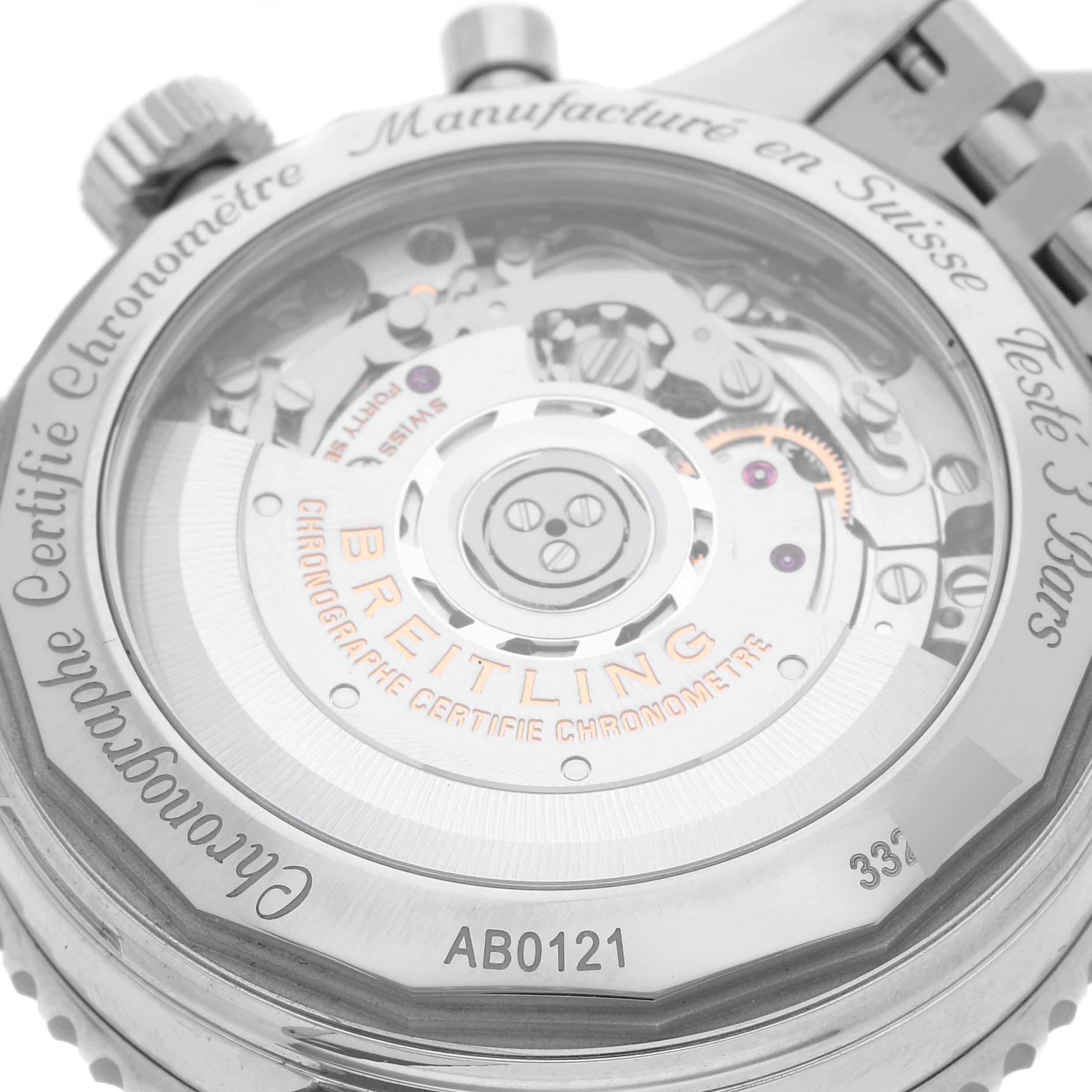 This is a close-up shot of the case back showing the internal mechanism of the Breitling Navitimer AB0121 Men's Stainless Steel Mother of Pearl Dial AB0121 Men's Stainless Steel Mother of Pearl Dial watch.