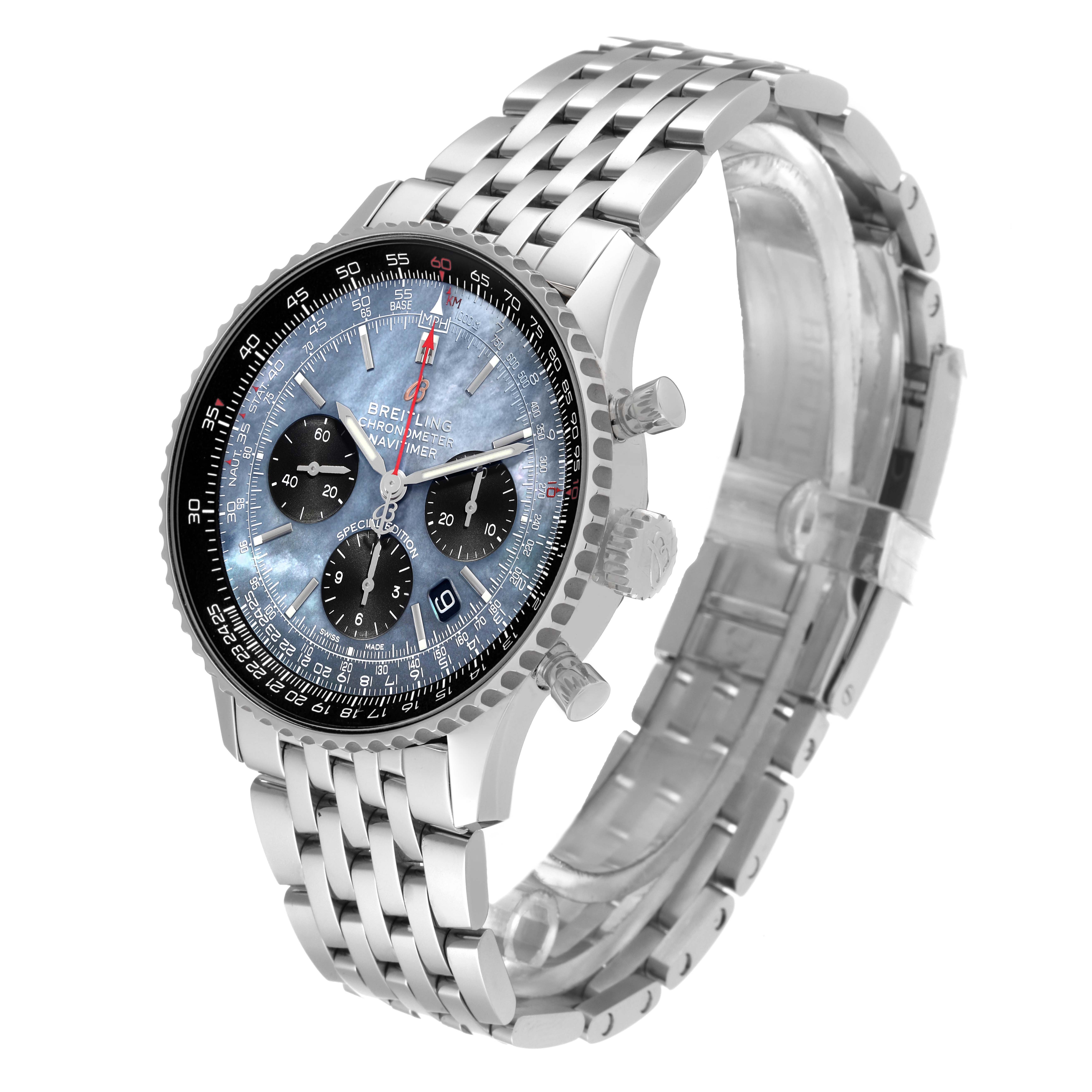 The image shows a side angle of the Breitling Navitimer AB0121 Men's Stainless Steel Mother of Pearl Dial AB0121 Men's Stainless Steel Mother of Pearl Dial watch, displaying the face, bezel, crown, and part of the strap.
