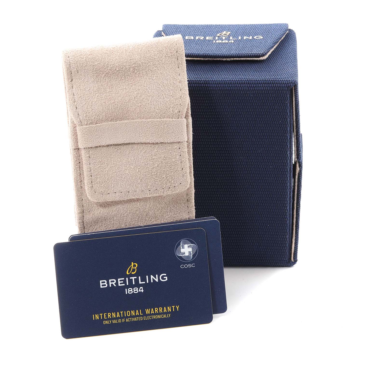 The image shows Breitling Navitimer AB0121 Men's Stainless Steel Mother of Pearl Dial AB0121 Men's Stainless Steel Mother of Pearl Dial watch accessories: a beige pouch, a blue box, and warranty cards, viewed from the front.