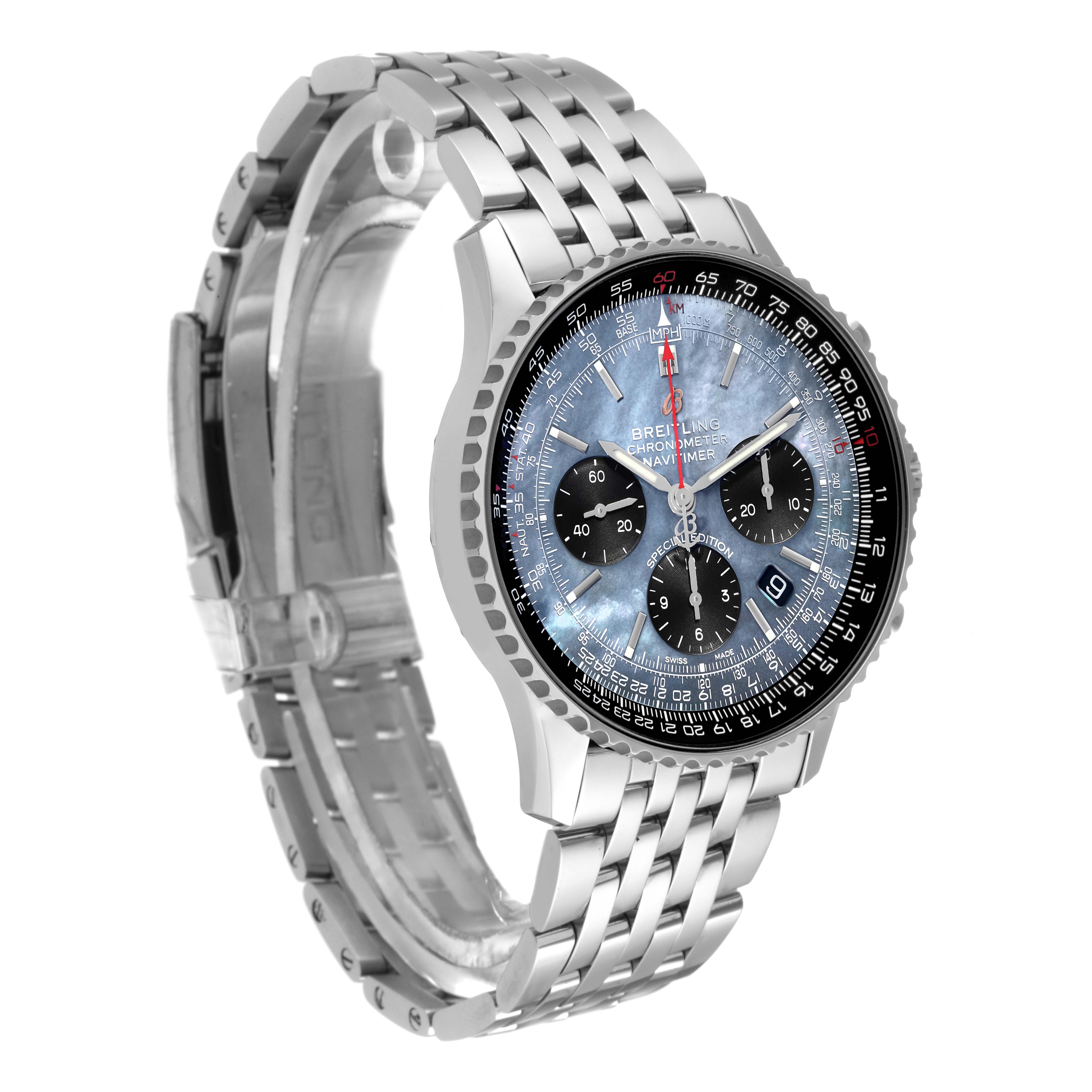 The Breitling Navitimer AB0121 Men's Stainless Steel Mother of Pearl Dial AB0121 Men's Stainless Steel Mother of Pearl Dial watch is shown at an angled view, displaying the face, bracelet, and clasp.