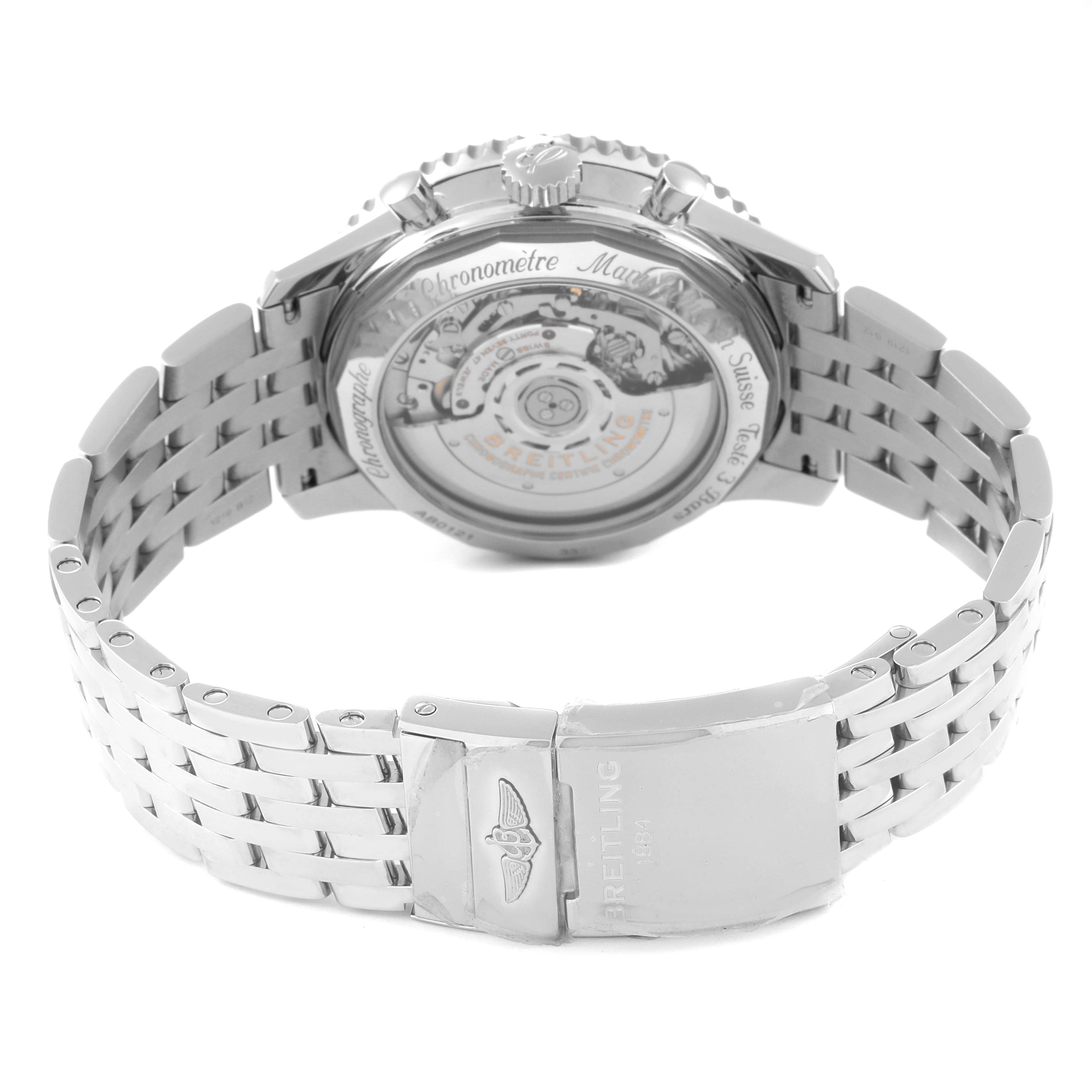 The image shows the back view of a Breitling Navitimer AB0121 Men's Stainless Steel Mother of Pearl Dial AB0121 Men's Stainless Steel Mother of Pearl Dial watch, highlighting its transparent case back, bracelet, and clasp.