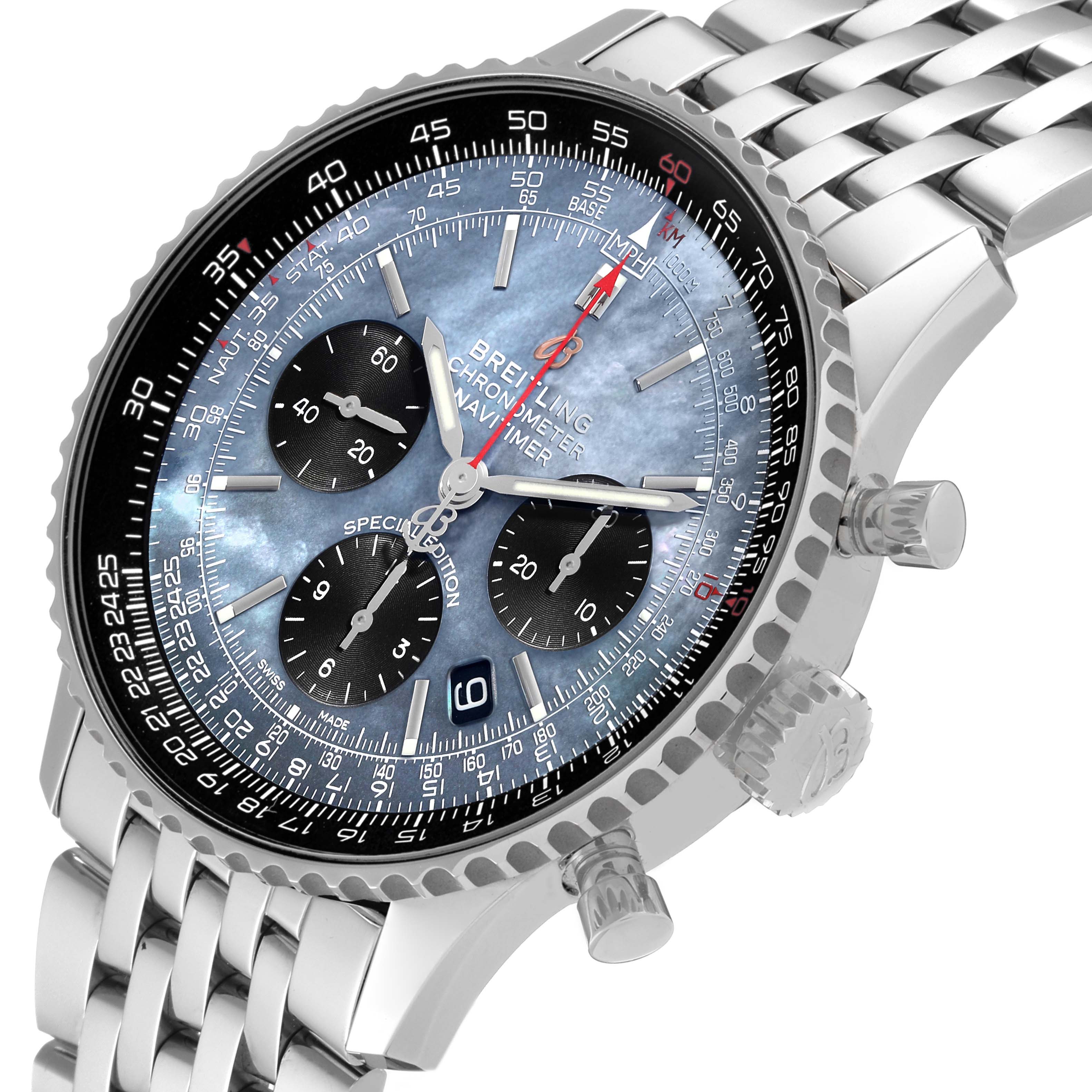The Breitling Navitimer AB0121 Men's Stainless Steel Mother of Pearl Dial AB0121 Men's Stainless Steel Mother of Pearl Dial watch is shown at a three-quarter angle, highlighting its face, bezel, and partial bracelet.