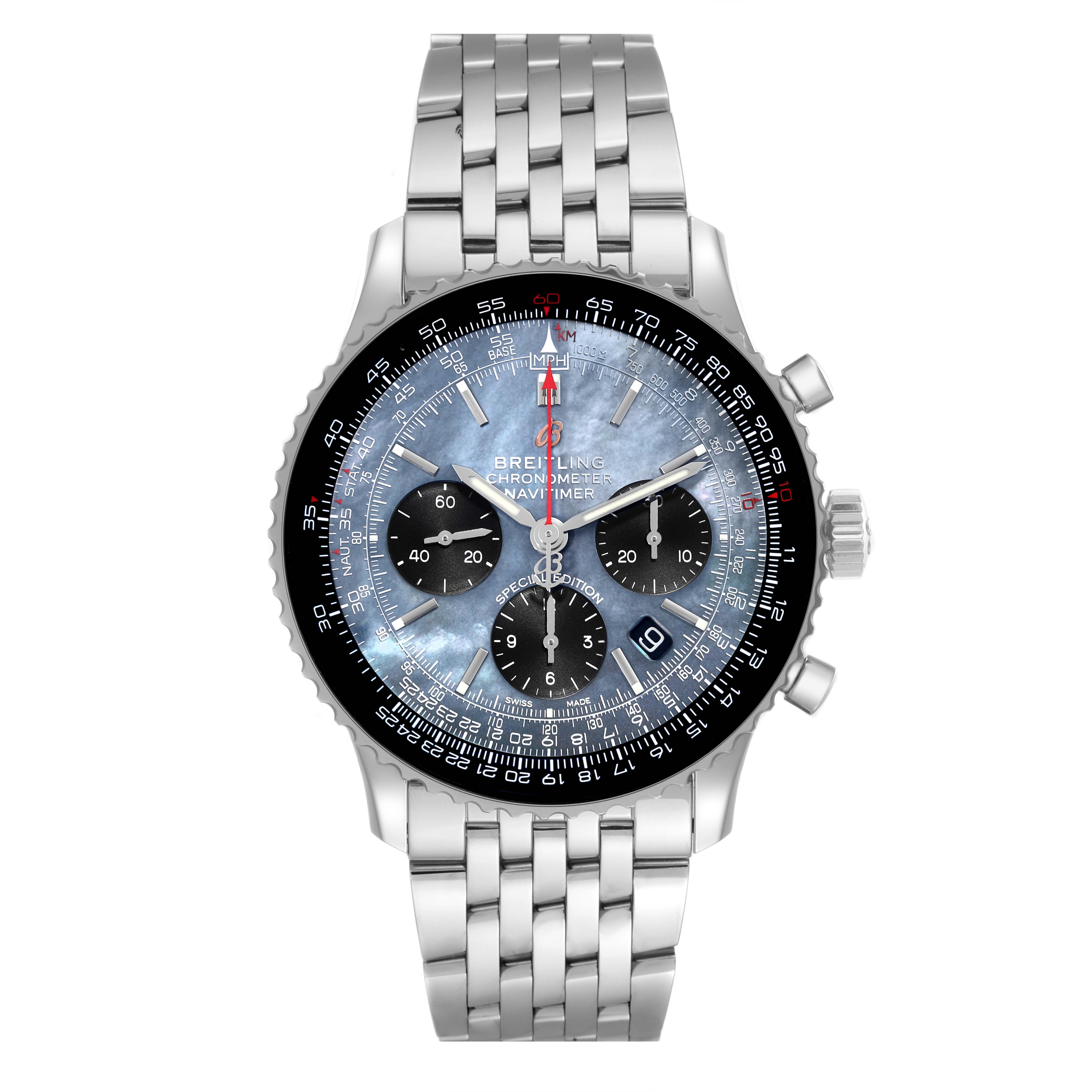 The image shows a front view of a Breitling Navitimer AB0121 Men's Stainless Steel Mother of Pearl Dial AB0121 Men's Stainless Steel Mother of Pearl Dial watch, displaying its dial, chronograph, bezel, and bracelet.