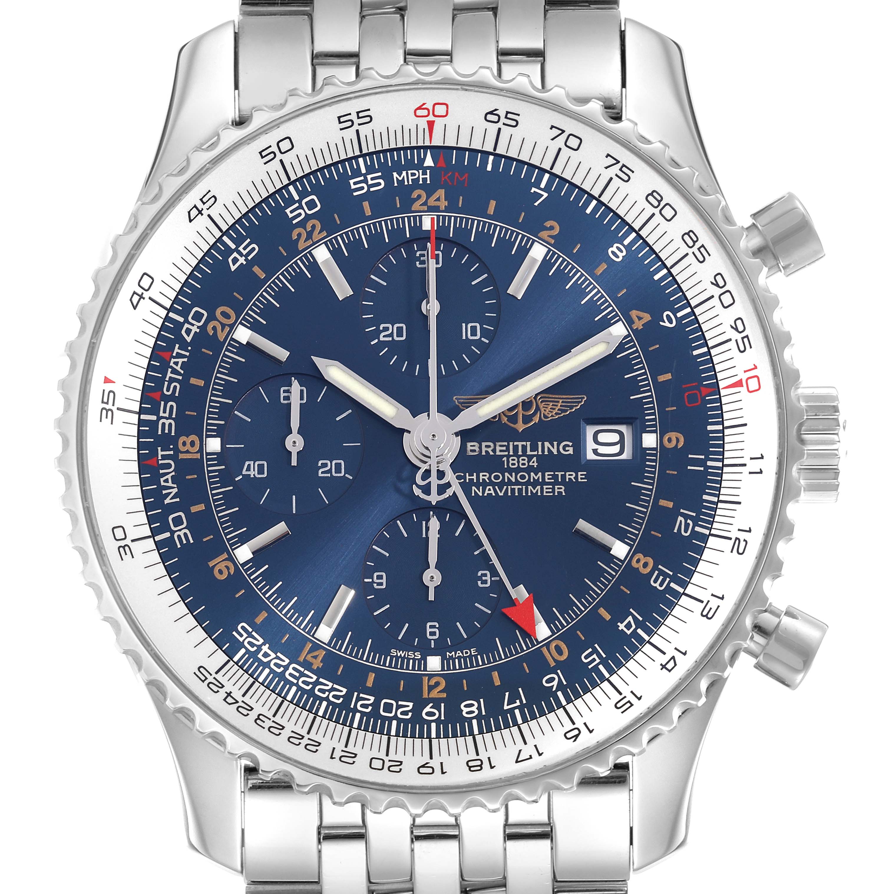 The Breitling Navitimer A24322 men's watch is shown in a frontal view, highlighting the face, bezel, and part of the bracelet.