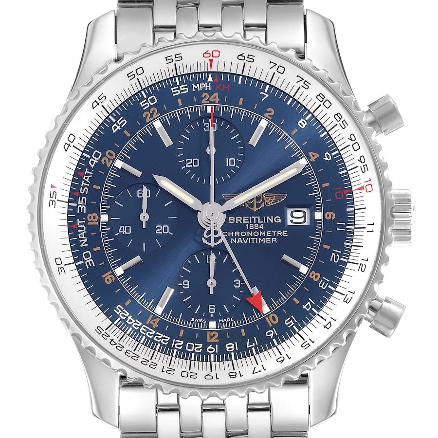The Breitling Navitimer A24322 men's watch is shown in a frontal view, highlighting the face, bezel, and part of the bracelet.