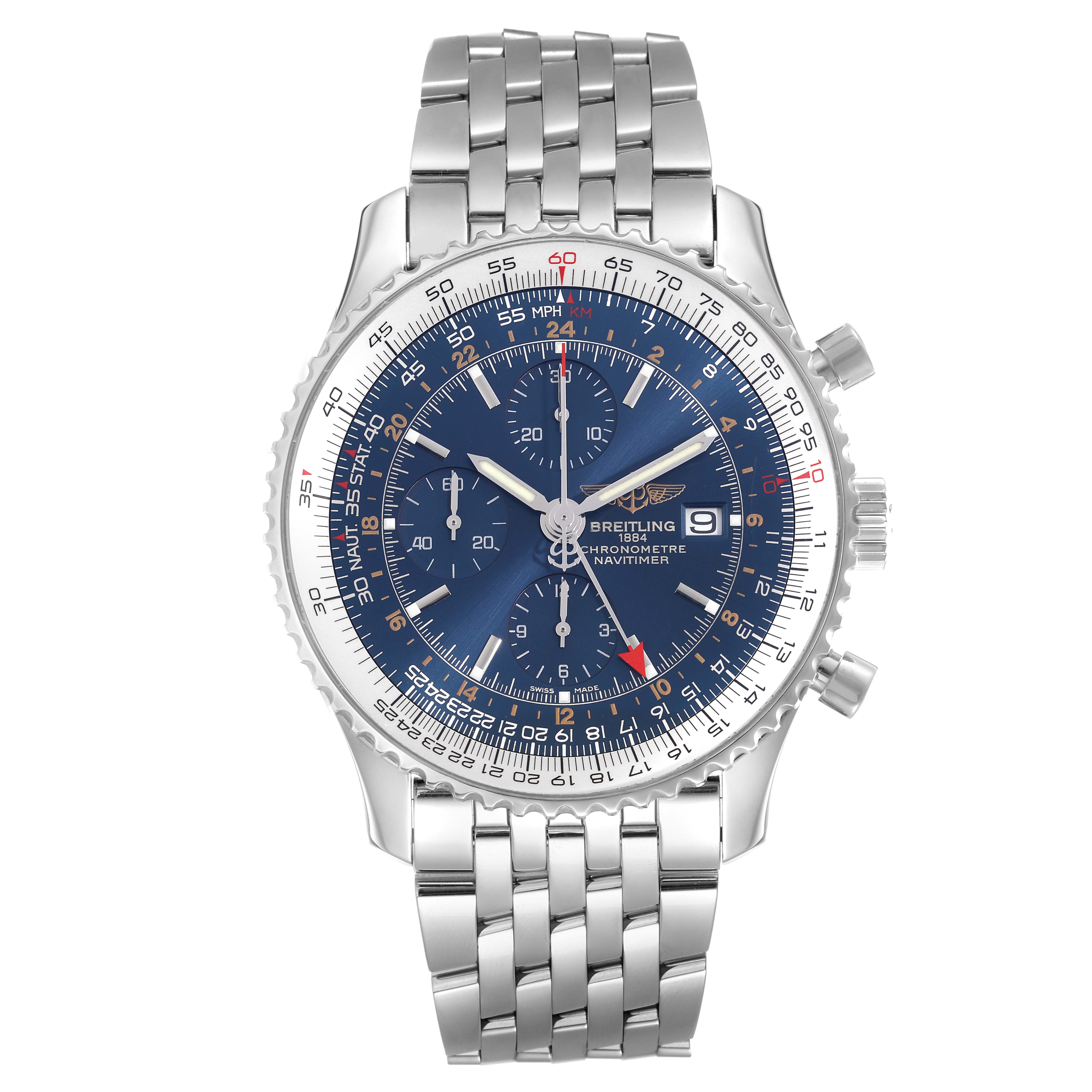 The image shows a frontal view of a Breitling Navitimer A24322 men's watch, displaying the dial, bezel, pushers, crown, and metal bracelet.