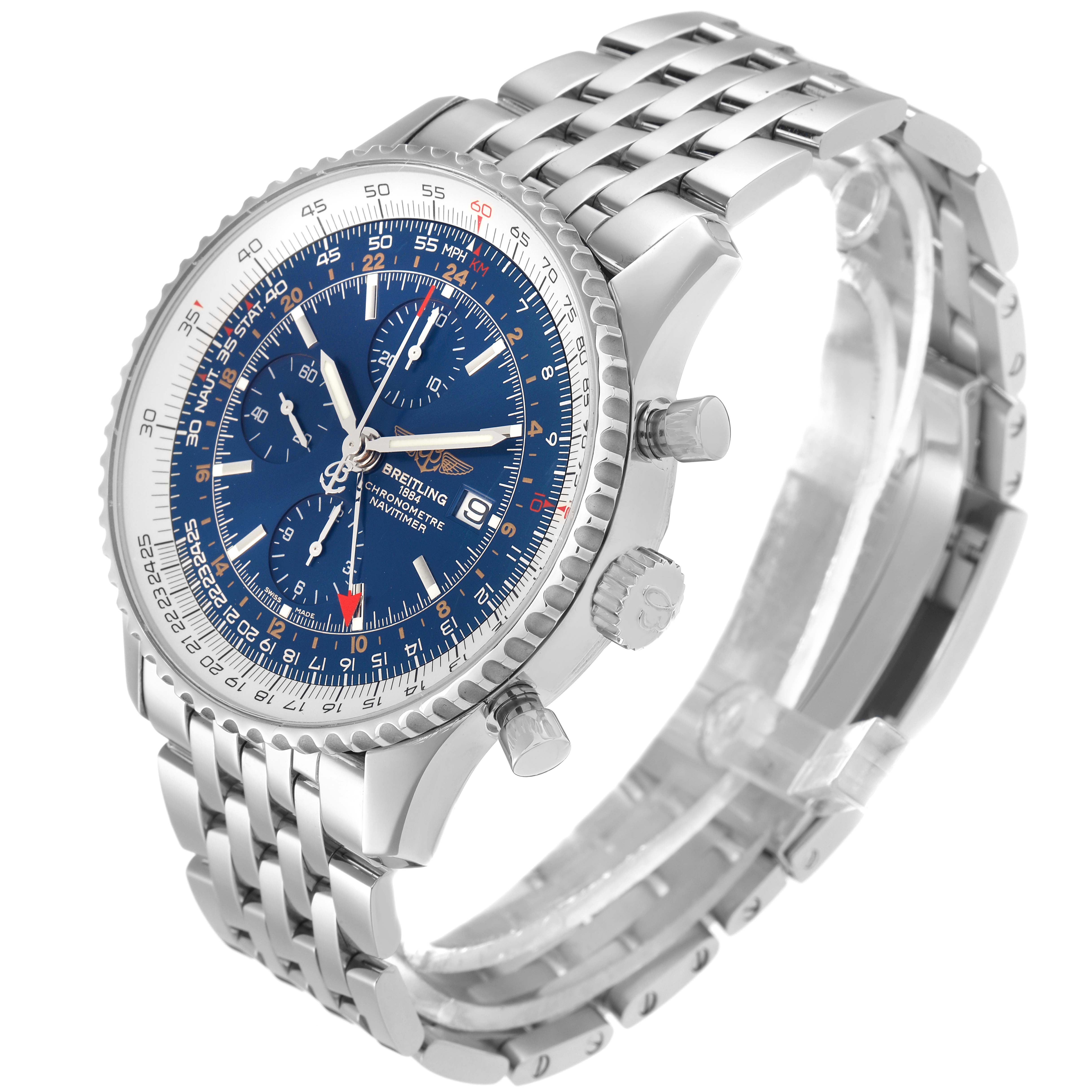 The Breitling Navitimer model A24322 is shown from a front-right angle, displaying the dial, bezel, crown, pushers, and metal bracelet.
