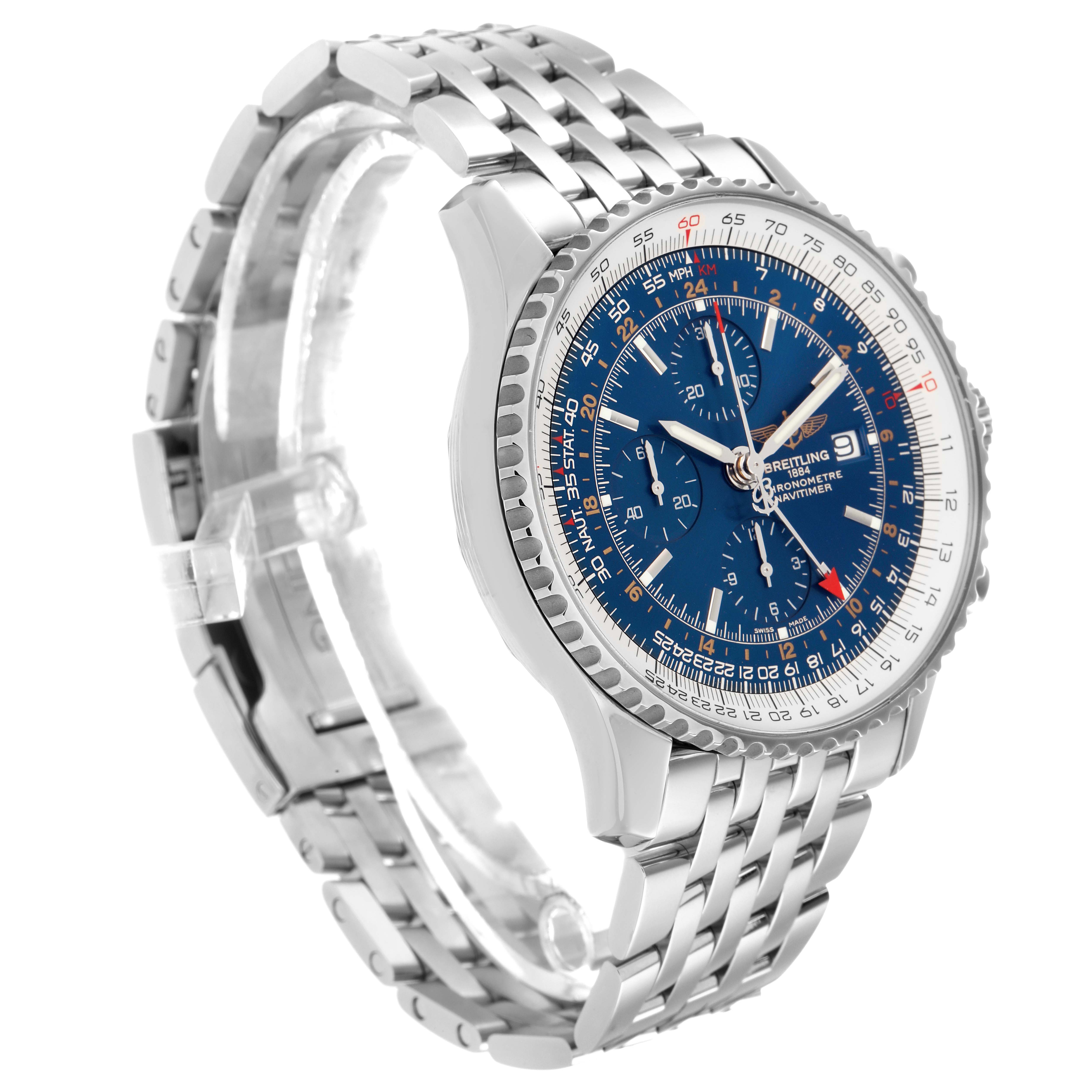 The Breitling Navitimer model A24322 men's watch is shown at a three-quarter angle, displaying the blue dial, bezel, chronograph, and stainless steel bracelet.