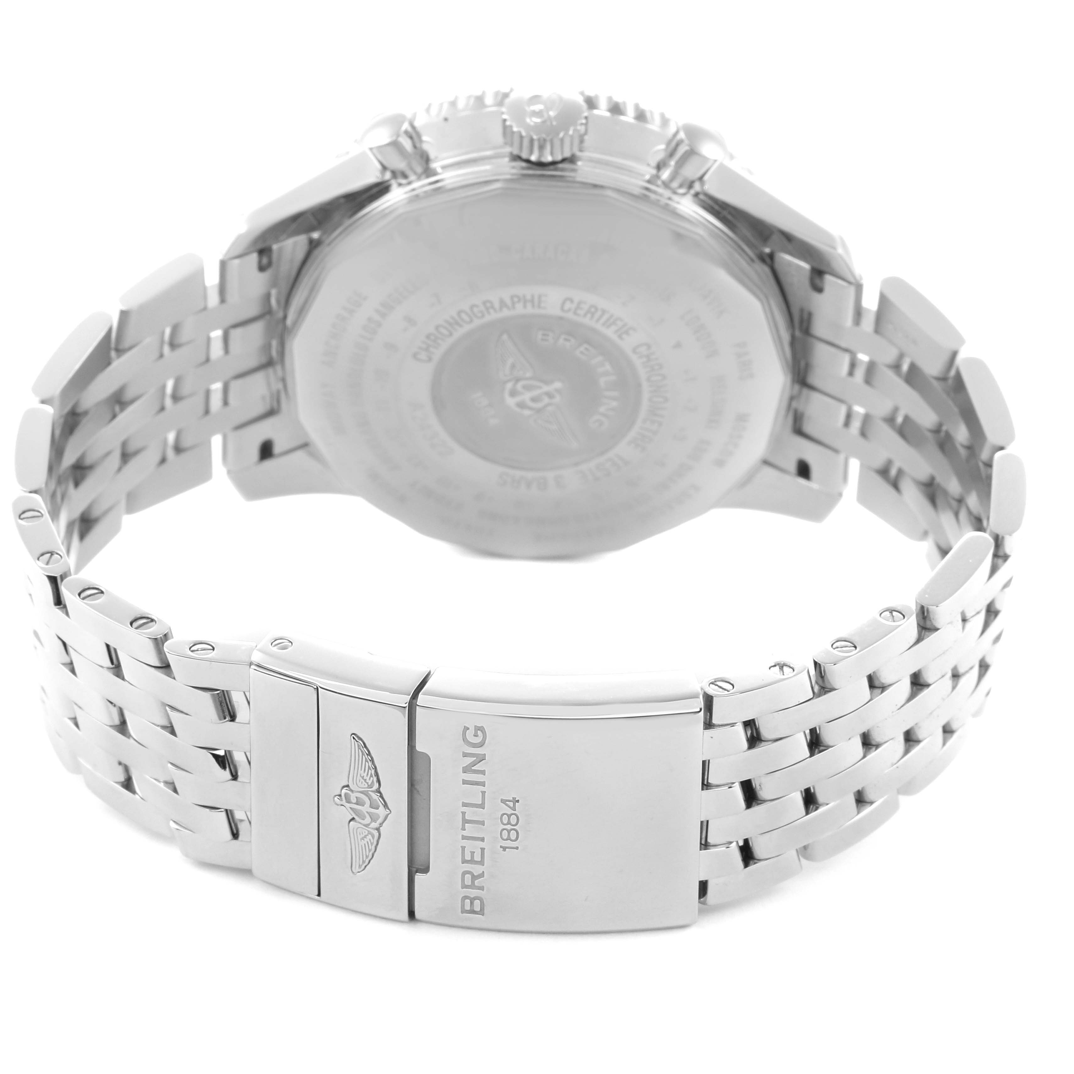The image shows the Breitling Navitimer model A24322 from the back, highlighting the watch case, bracelet, and clasp with the brand's logo and engraving.