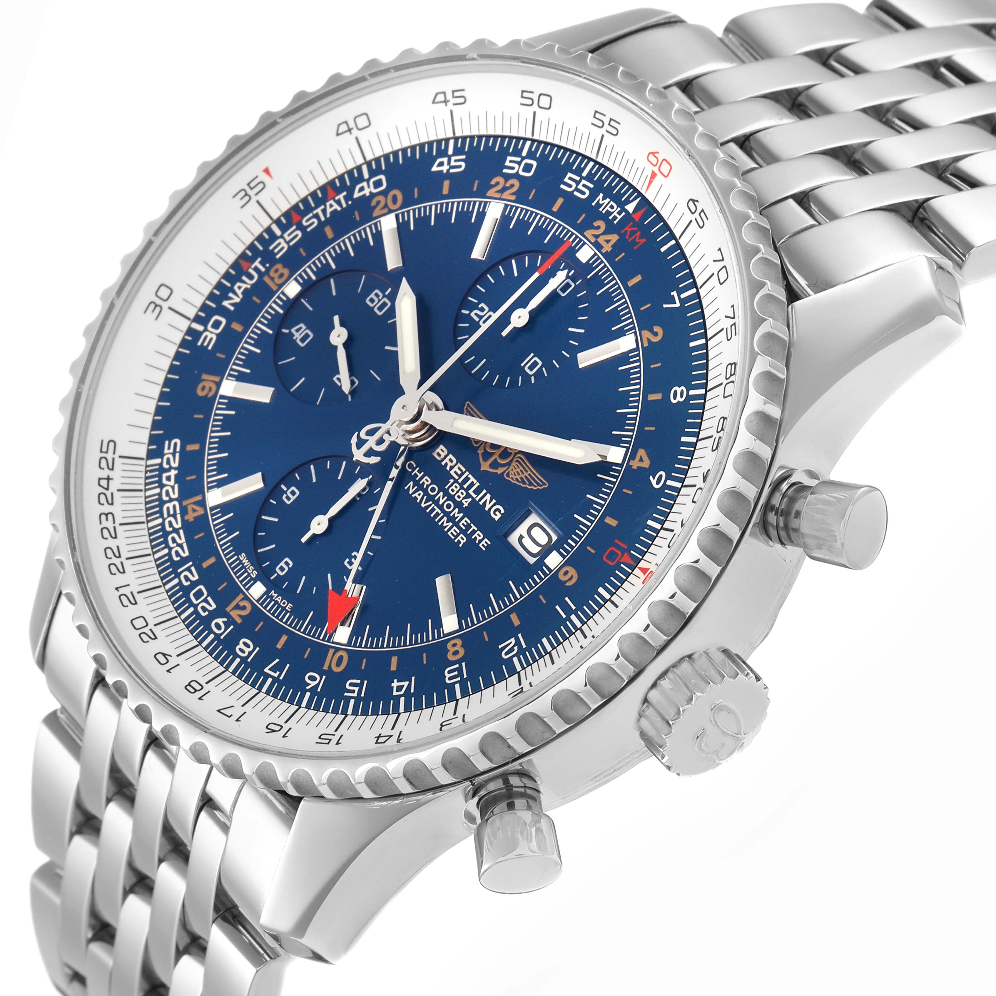 The Breitling Navitimer A24322 is shown at an angled view, highlighting the watch face, chronograph dials, slide rule bezel, crown, pushers, and metal bracelet.