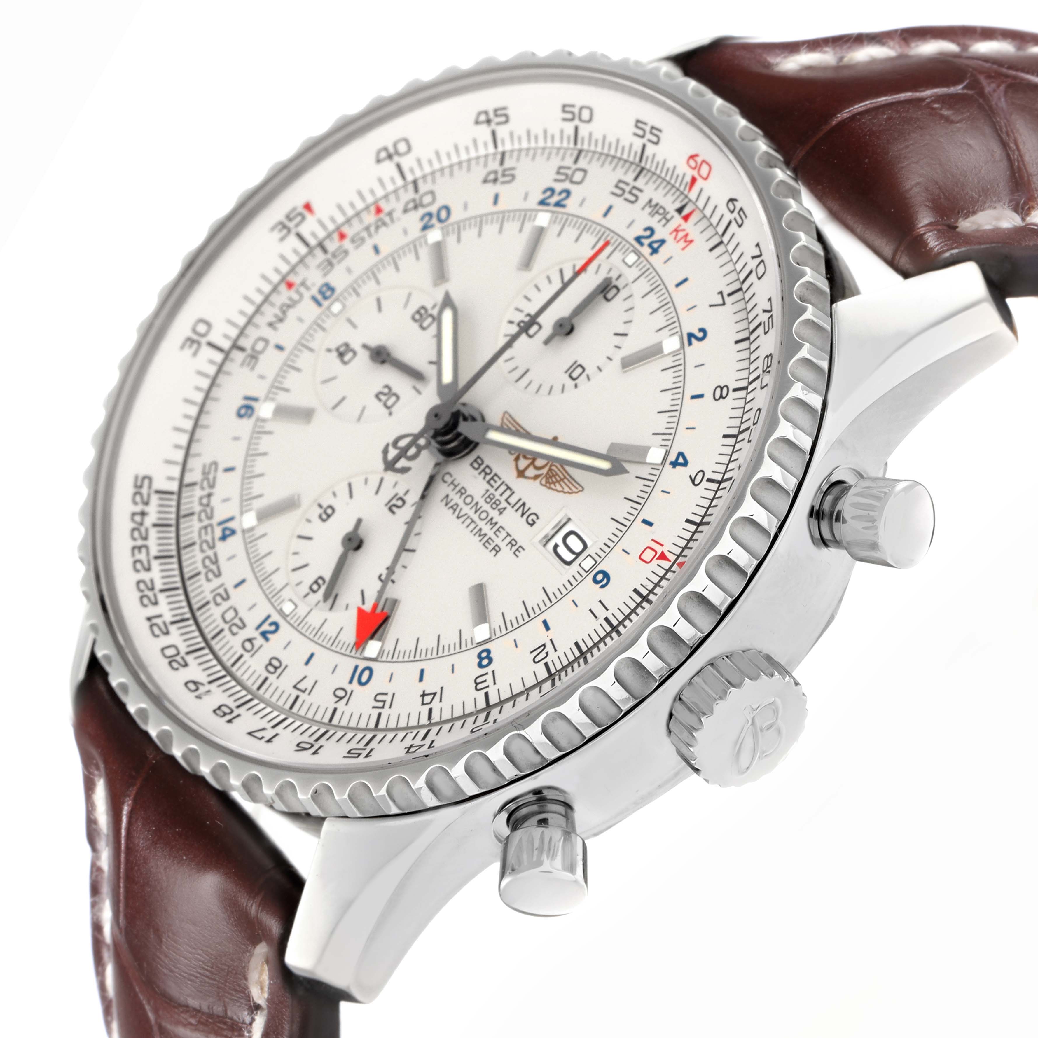 The image shows a Breitling Navitimer A24322 at an angled side view, highlighting the bezel, crown, pushers, and part of the leather strap.