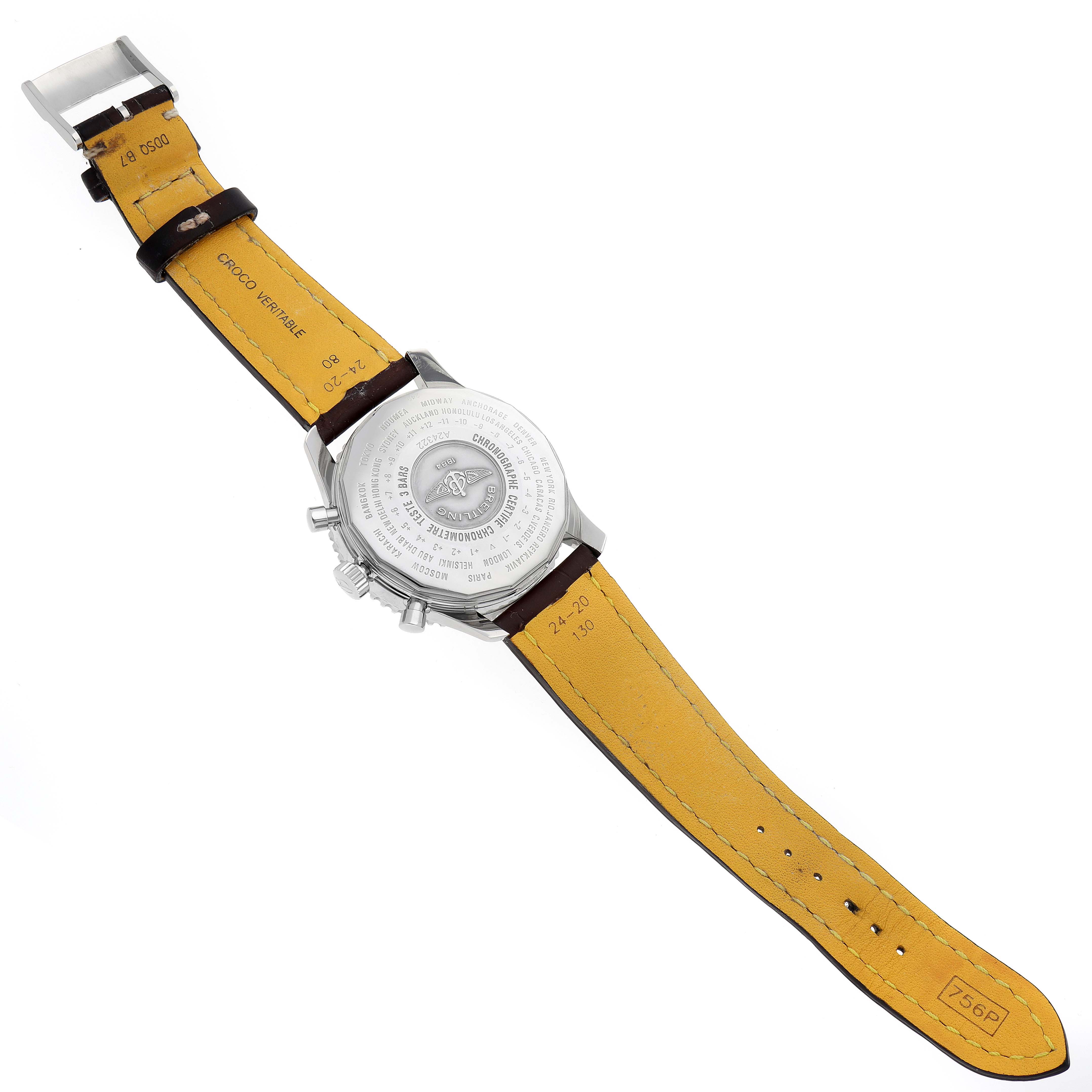 The image shows the back of a Breitling Navitimer A24322 men's watch, highlighting the case back and leather strap.