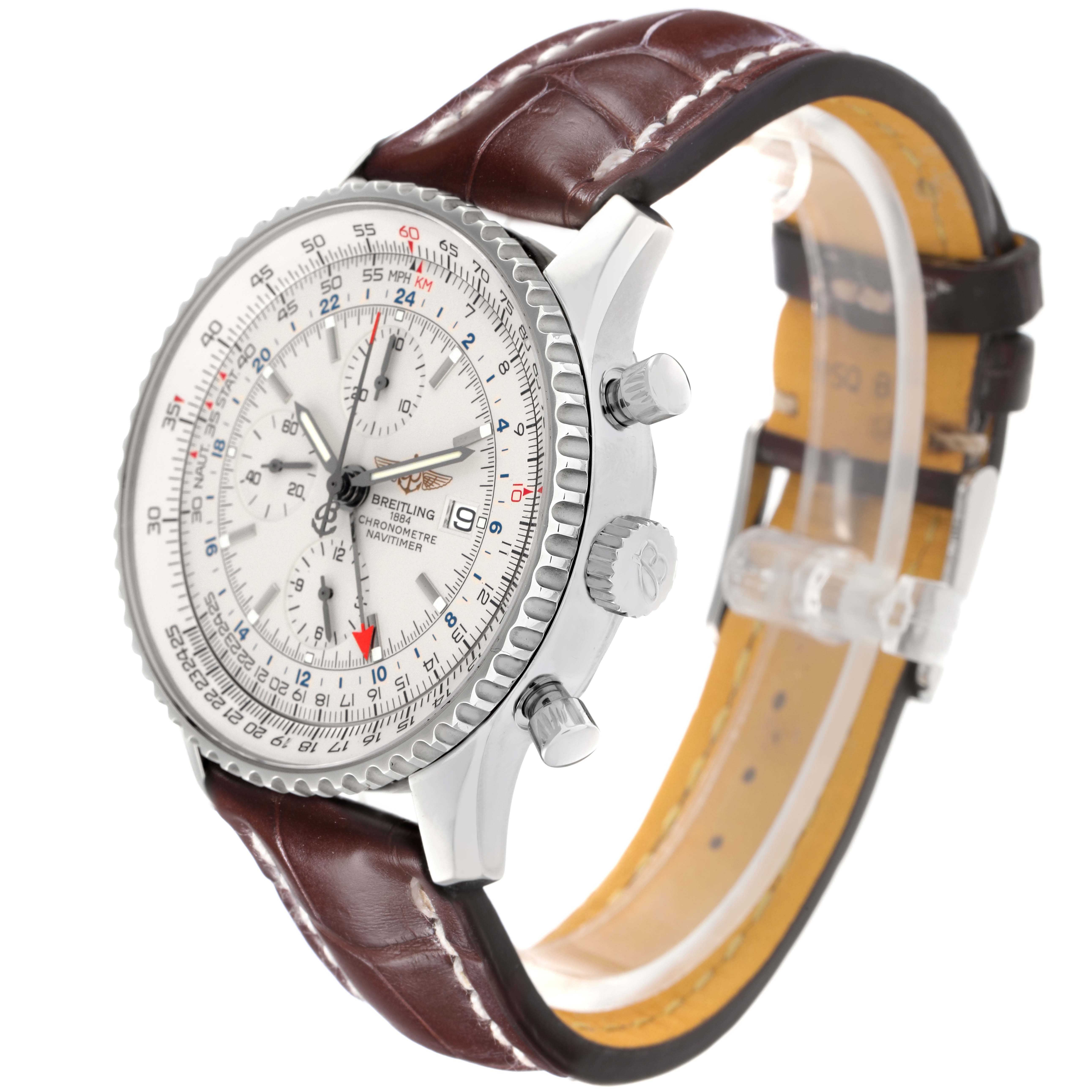 The Breitling Navitimer A24322 watch is shown at a three-quarter angle displaying the dial, bezel, and crown on a brown leather strap.