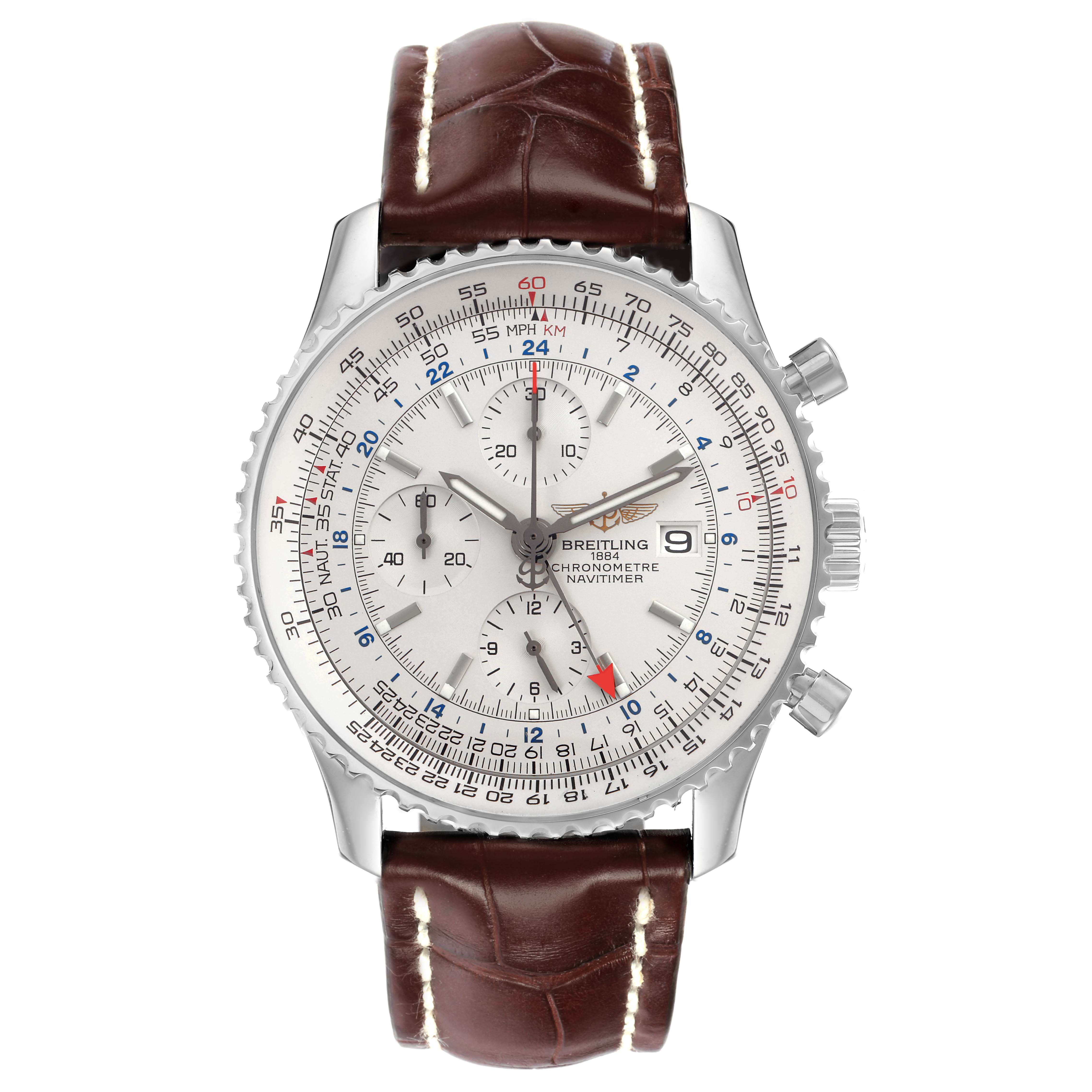 The Breitling Navitimer A24322 men's watch is shown from a front angle, highlighting its dial, bezel, and leather strap.