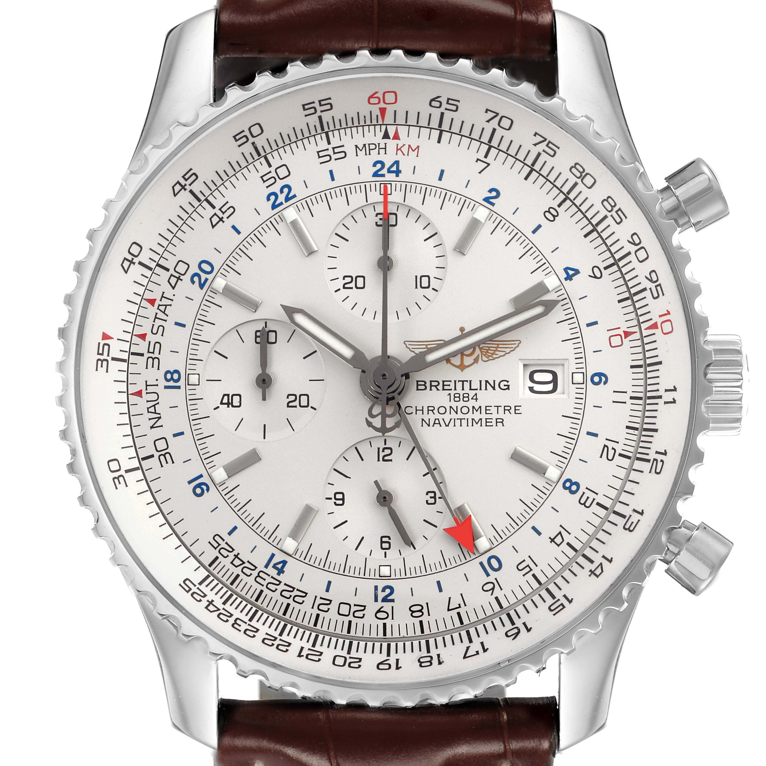 The image shows a front view of a Breitling Navitimer model A24322 watch, highlighting the dial, subdials, bezel, and brown leather strap.