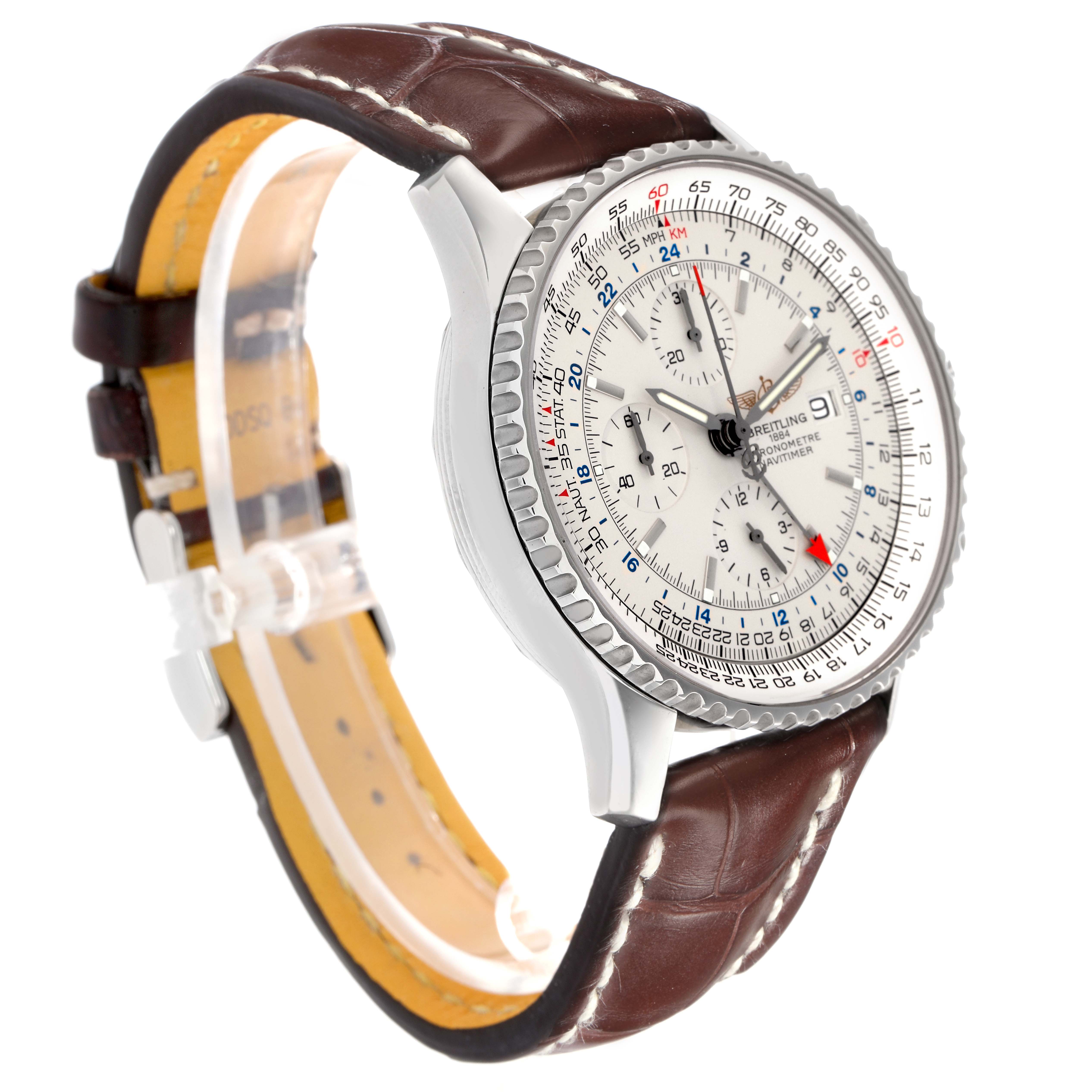 The Breitling Navitimer model A24322 is shown at a slight side angle, displaying the watch face, bezel, and brown leather strap.