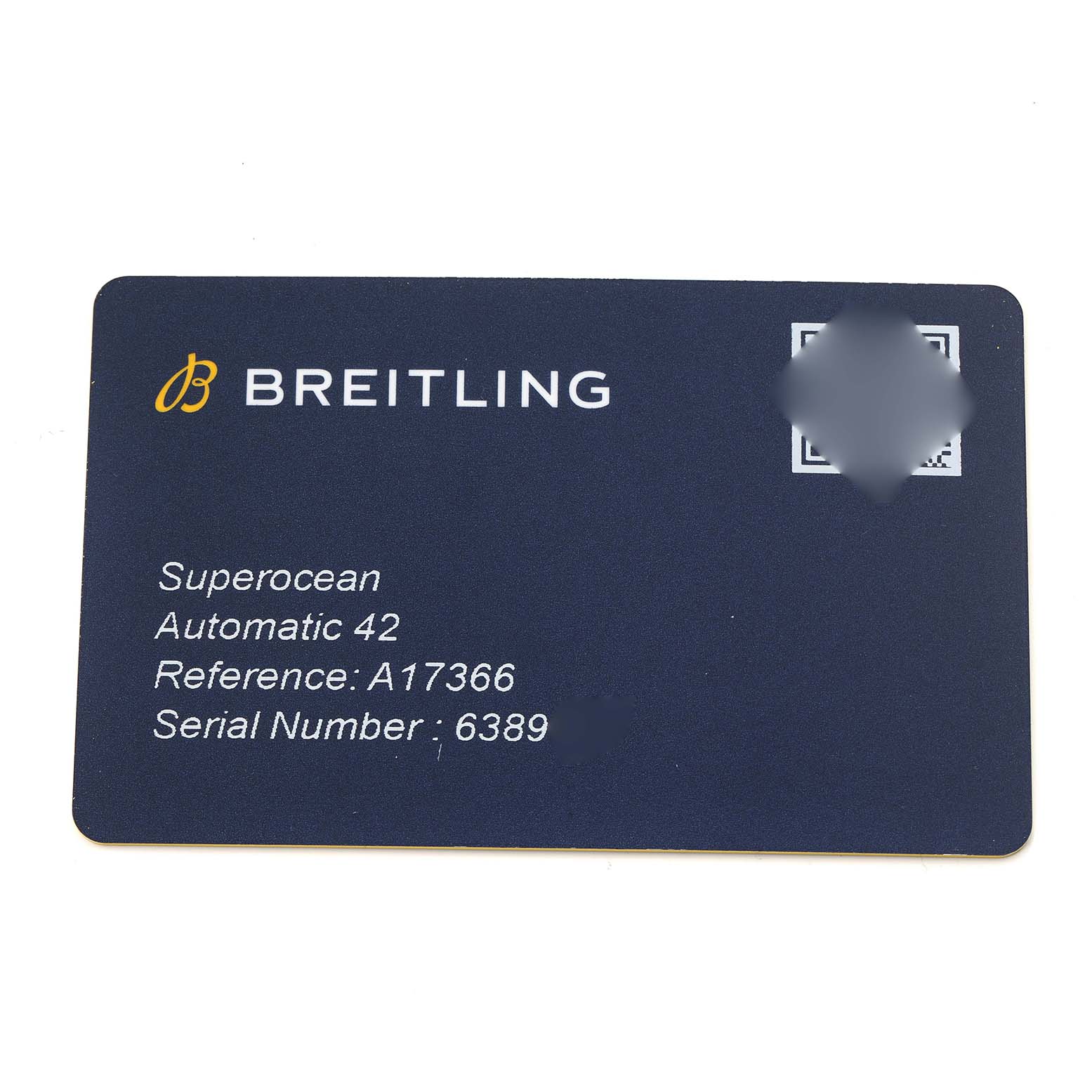 The image shows a card for the Breitling Superocean Automatic 42, model A17366, displaying the reference and serial number details.