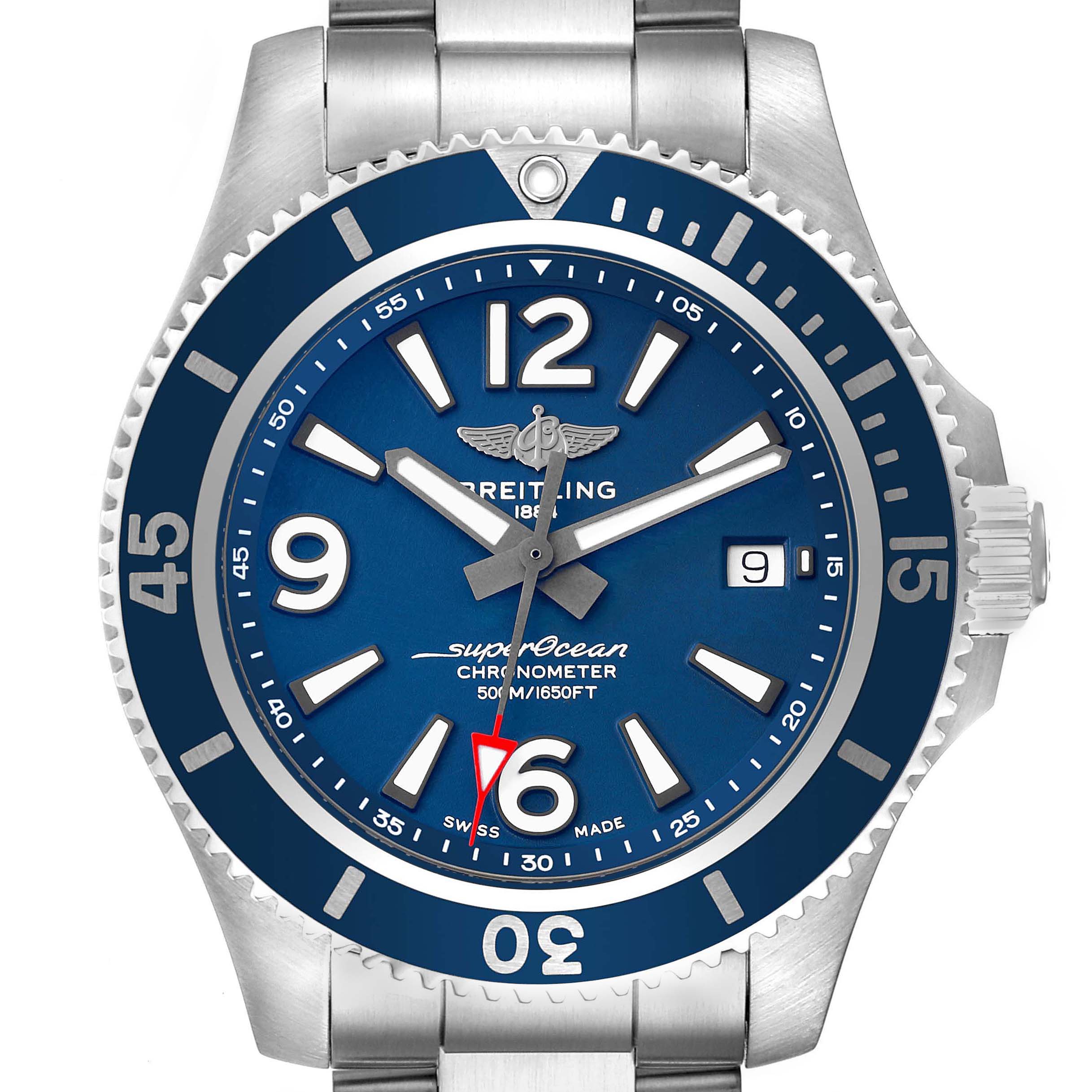 The image shows a front view of the Breitling Superocean A17366 men
s watch, highlighting the blue dial, rotating bezel, and stainless steel bracelet.