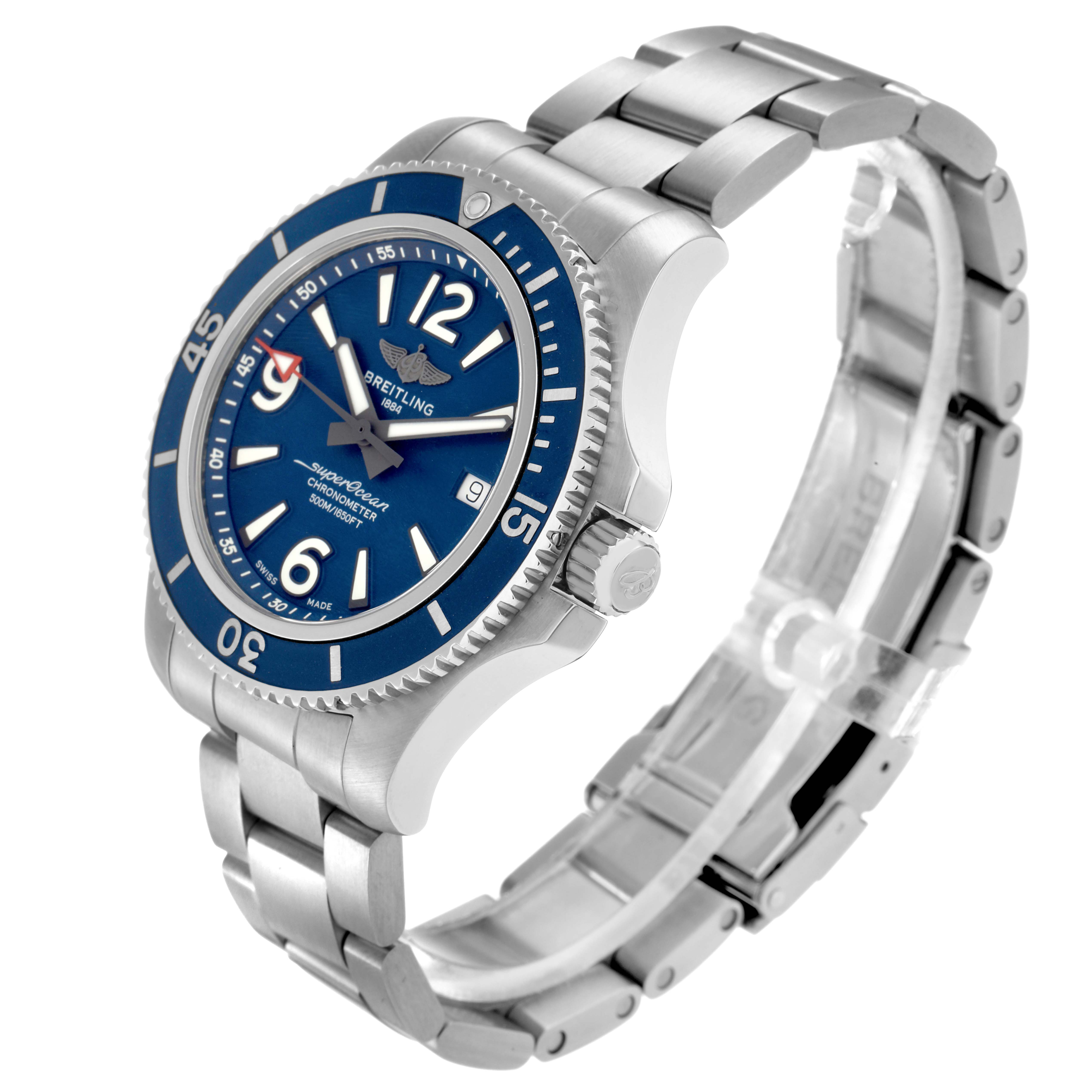 The Breitling Superocean model A17366 is shown at a three-quarter angle, revealing the watch face, bezel, crown, and part of the stainless steel bracelet.