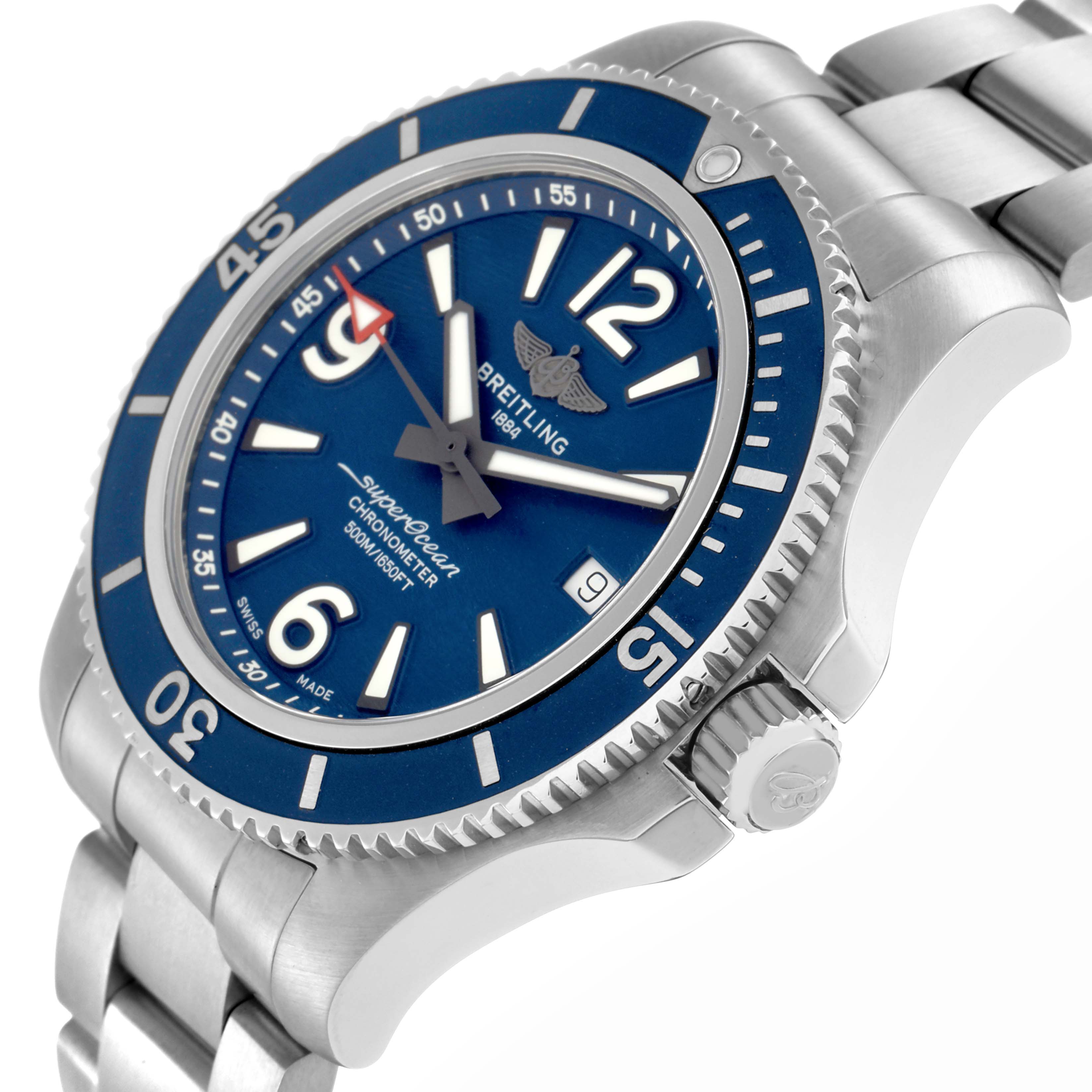 The image shows a Breitling Superocean model A17366 men
s watch at an angled view, highlighting its blue dial, bezel, crown, and steel bracelet.