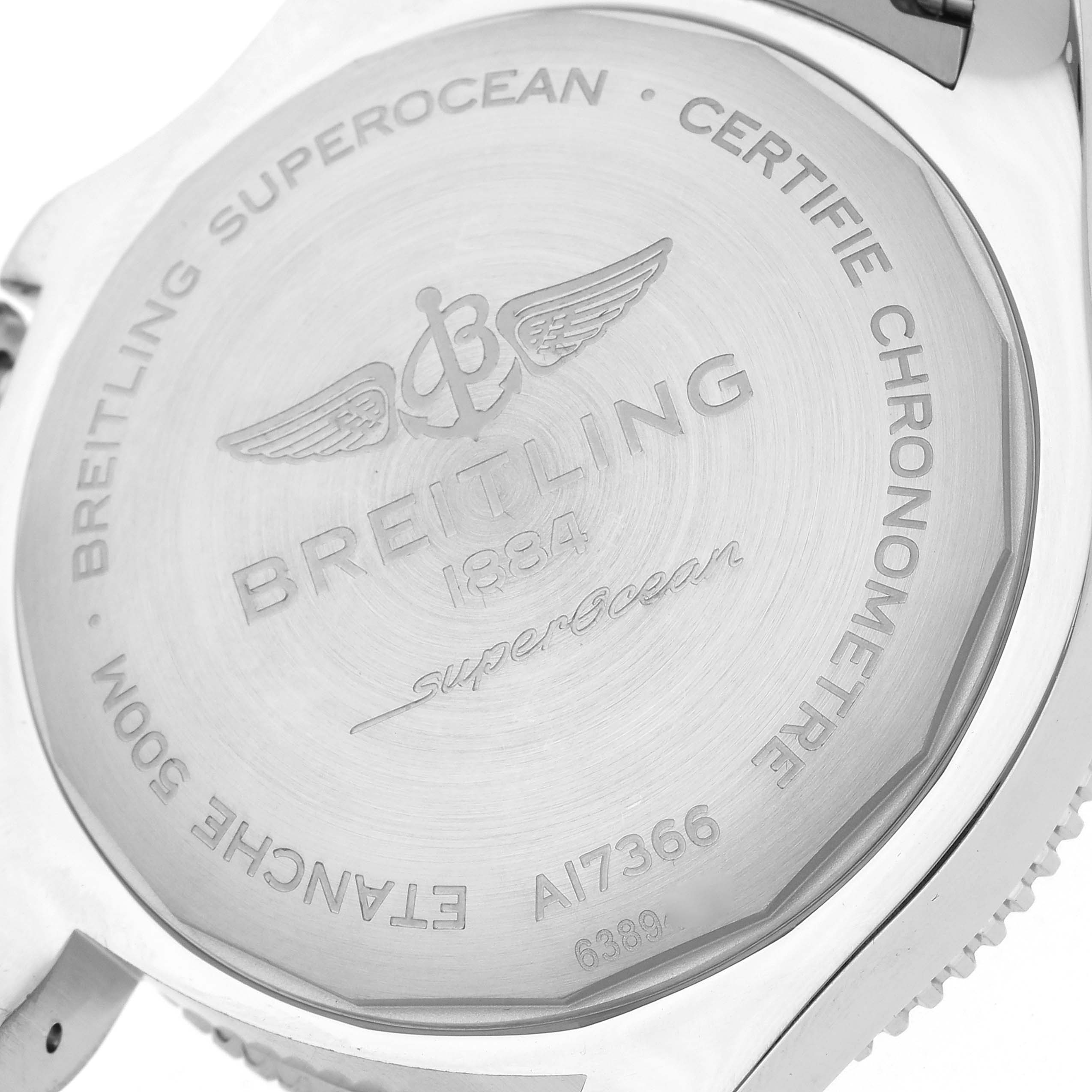 The image shows the back case of a Breitling Superocean men
s watch, model number A17366, featuring branding and certification engravings.