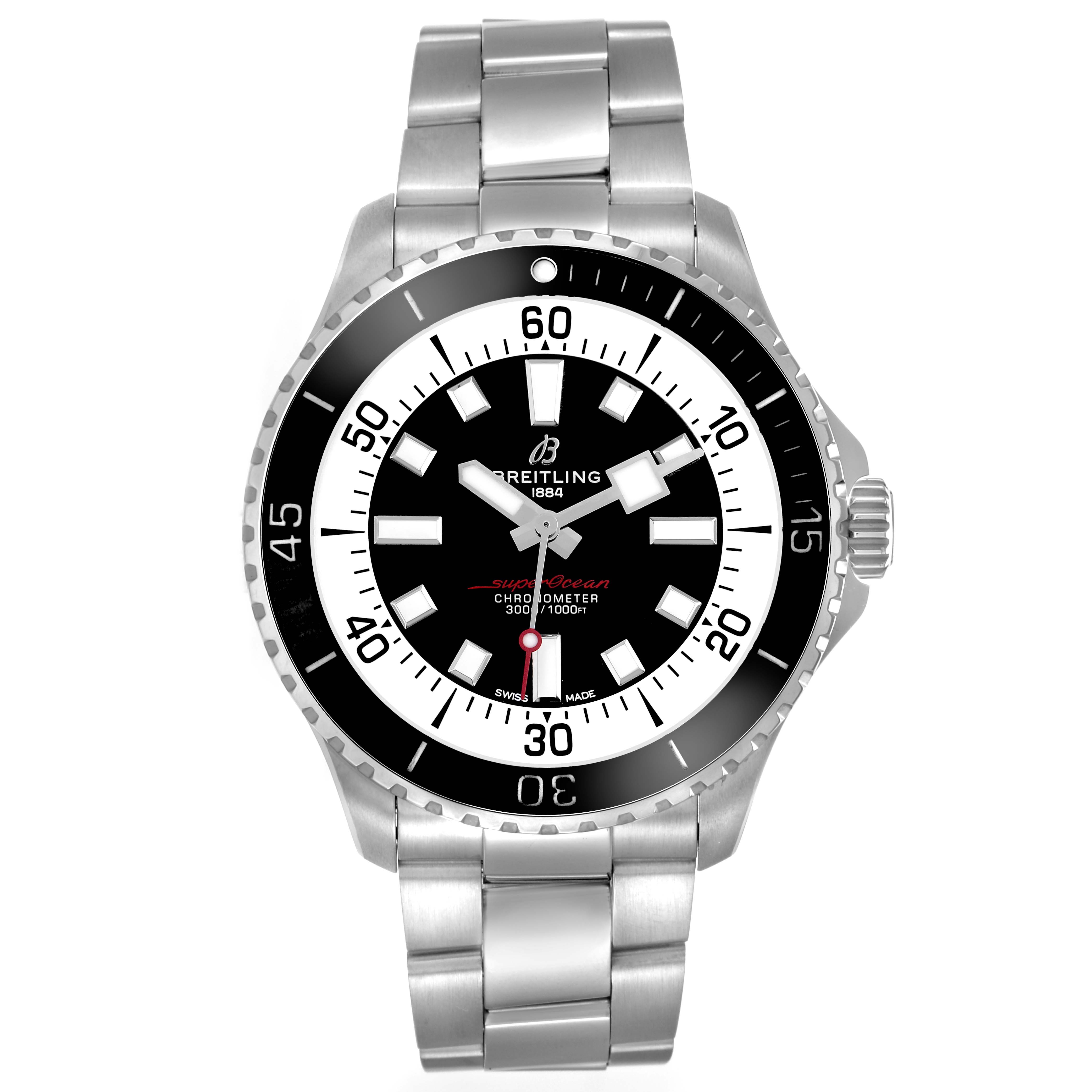 The image shows a Breitling Superocean A17376 men's watch from a front angle, highlighting its bezel, dial, markers, and stainless steel bracelet.