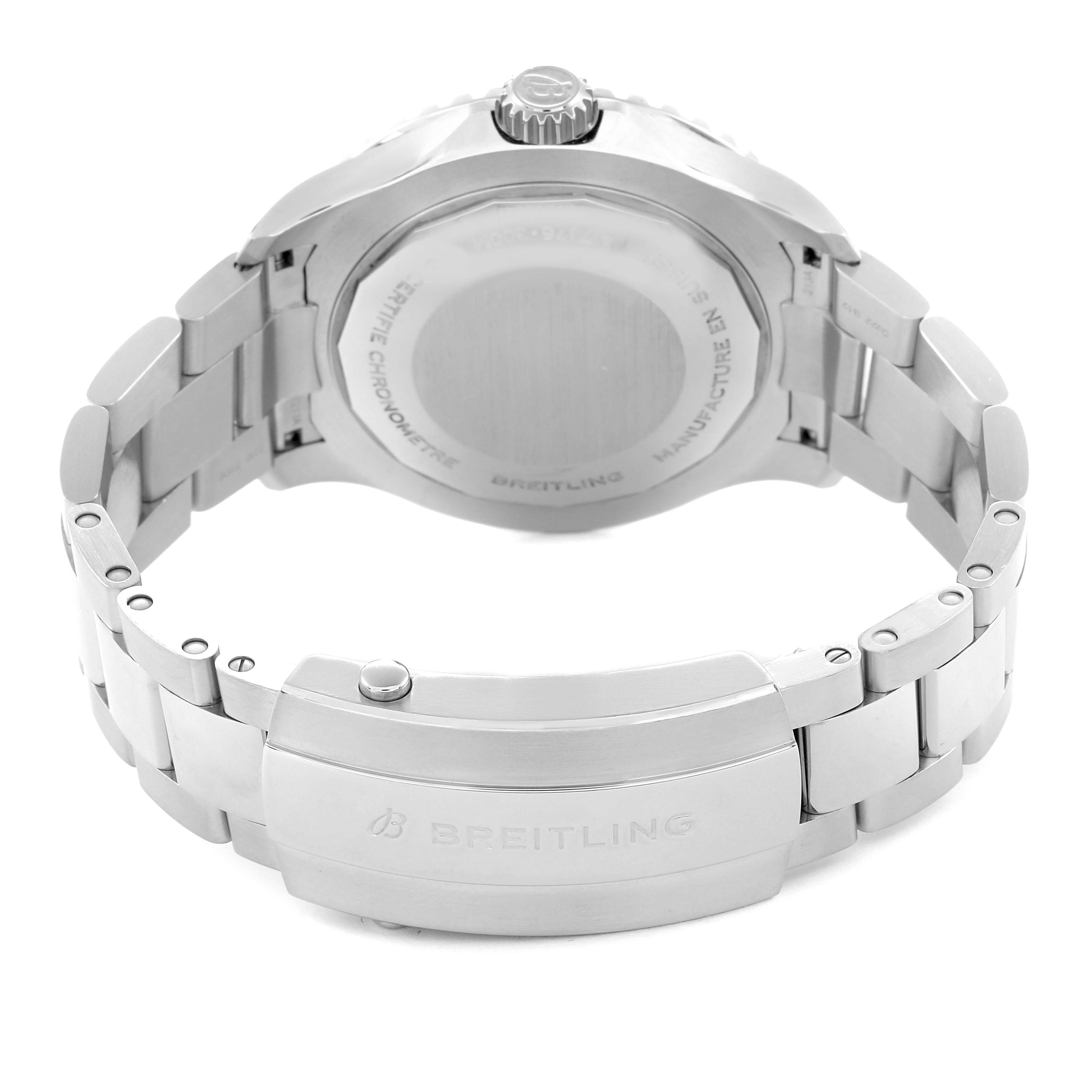 The image shows the back angle of the Breitling Superocean model A17376 men's watch, highlighting the case back, bracelet, and clasp with the Breitling logo engraved.