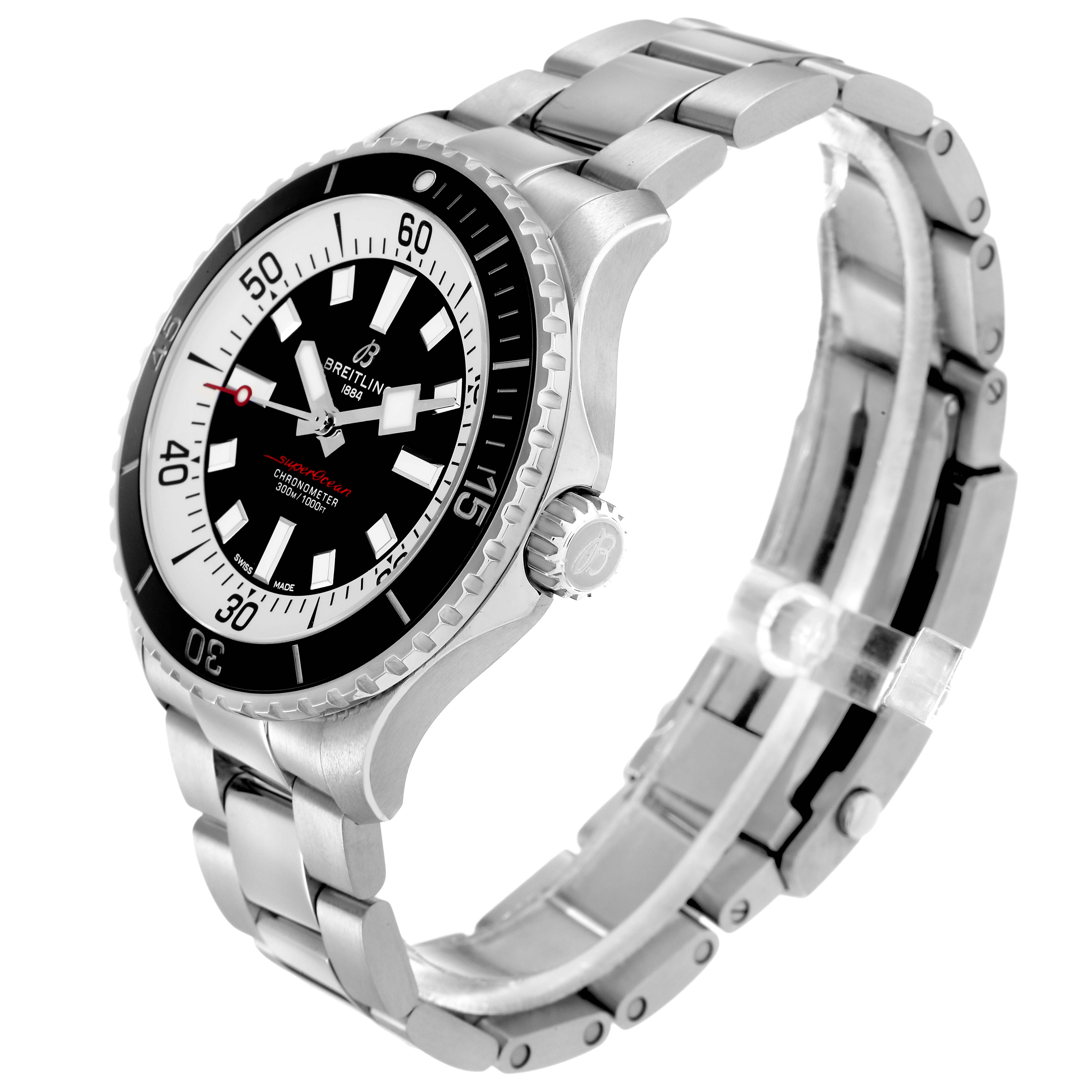 The Breitling Superocean A17376 men's watch is shown at a three-quarter angle, revealing the dial, bezel, crown, and part of the metal bracelet.
