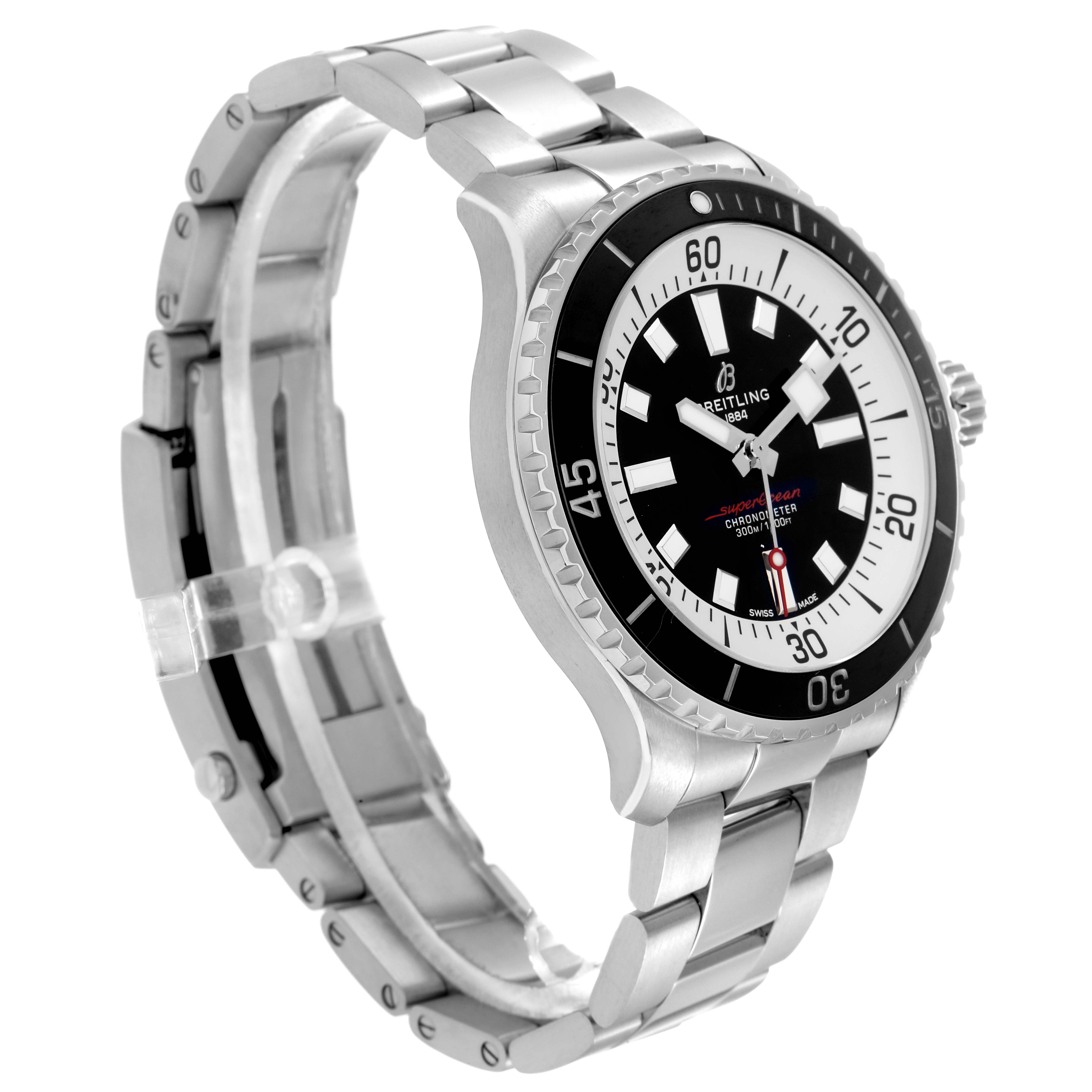 The Breitling Superocean A17376 men's watch is shown at a three-quarter angle, highlighting the watch face, bezel, and bracelet.