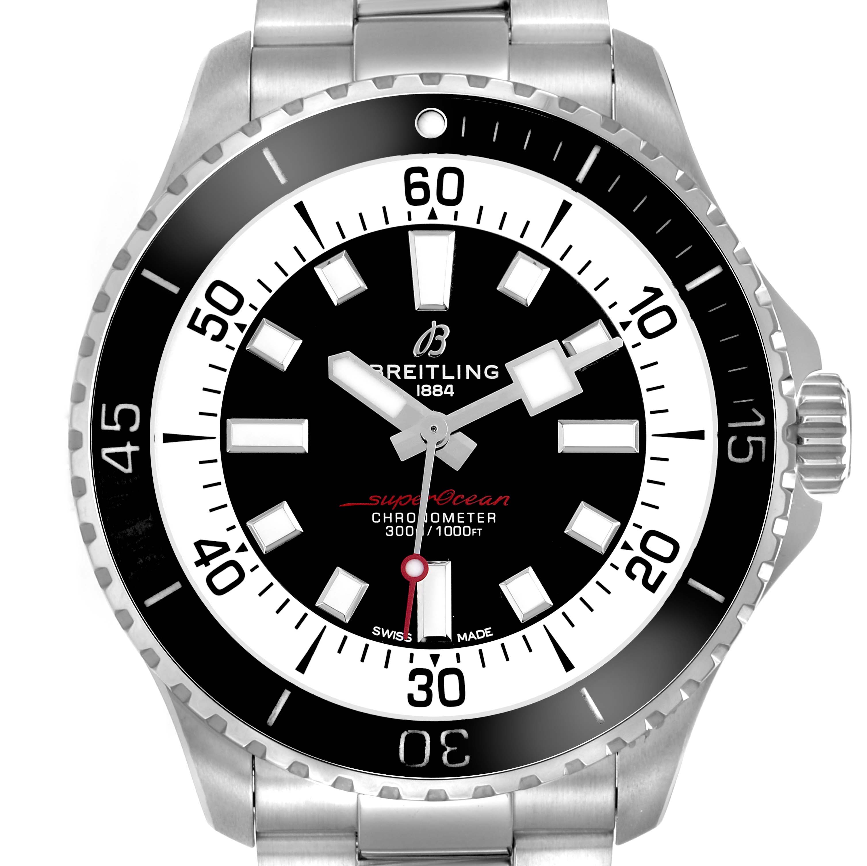 The Breitling Superocean model A17376 is shown from a front angle, displaying the bezel, dial, and bracelet links.