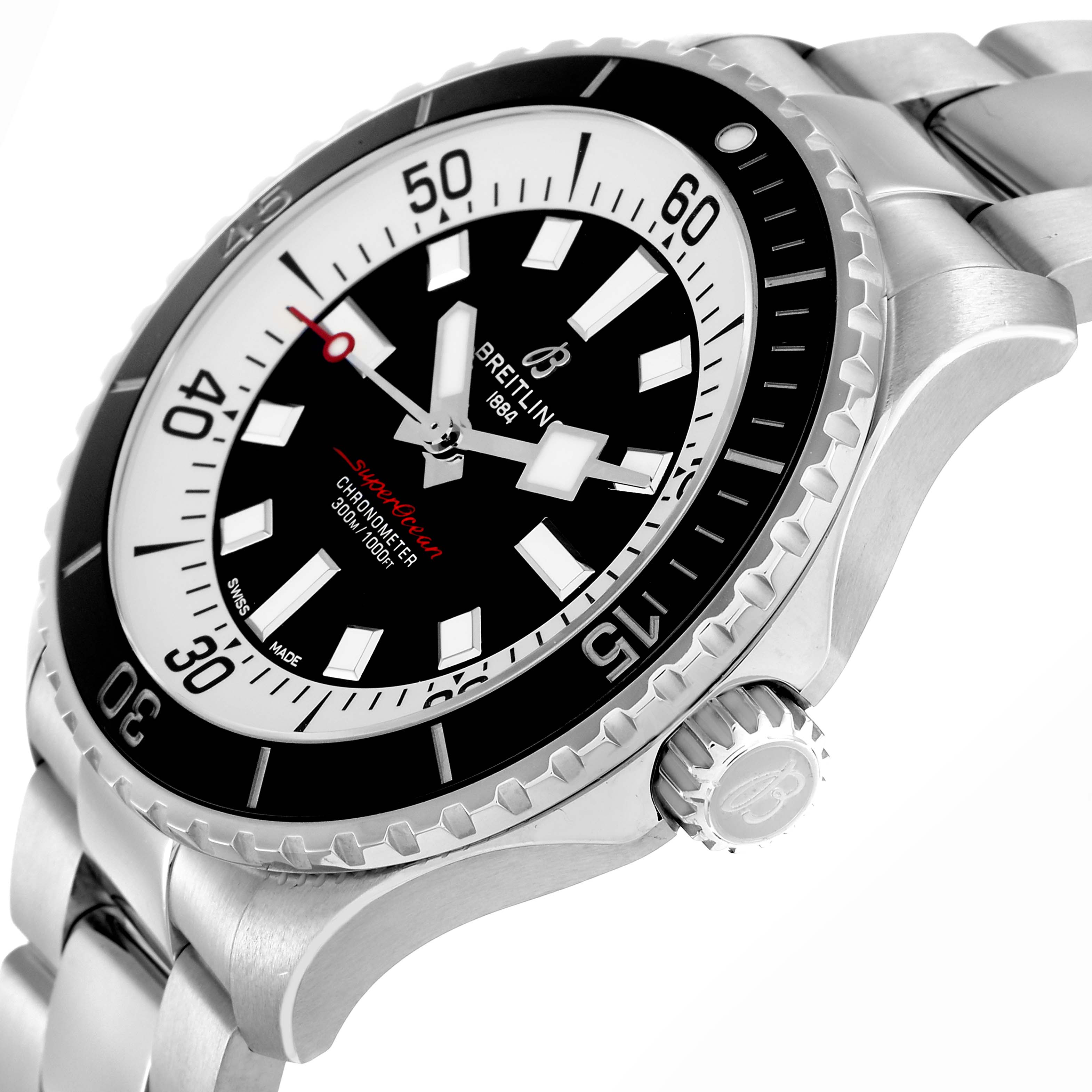 The Breitling Superocean model A17376 is shown at a slight side angle, highlighting the bezel, crown, and part of the stainless steel bracelet.