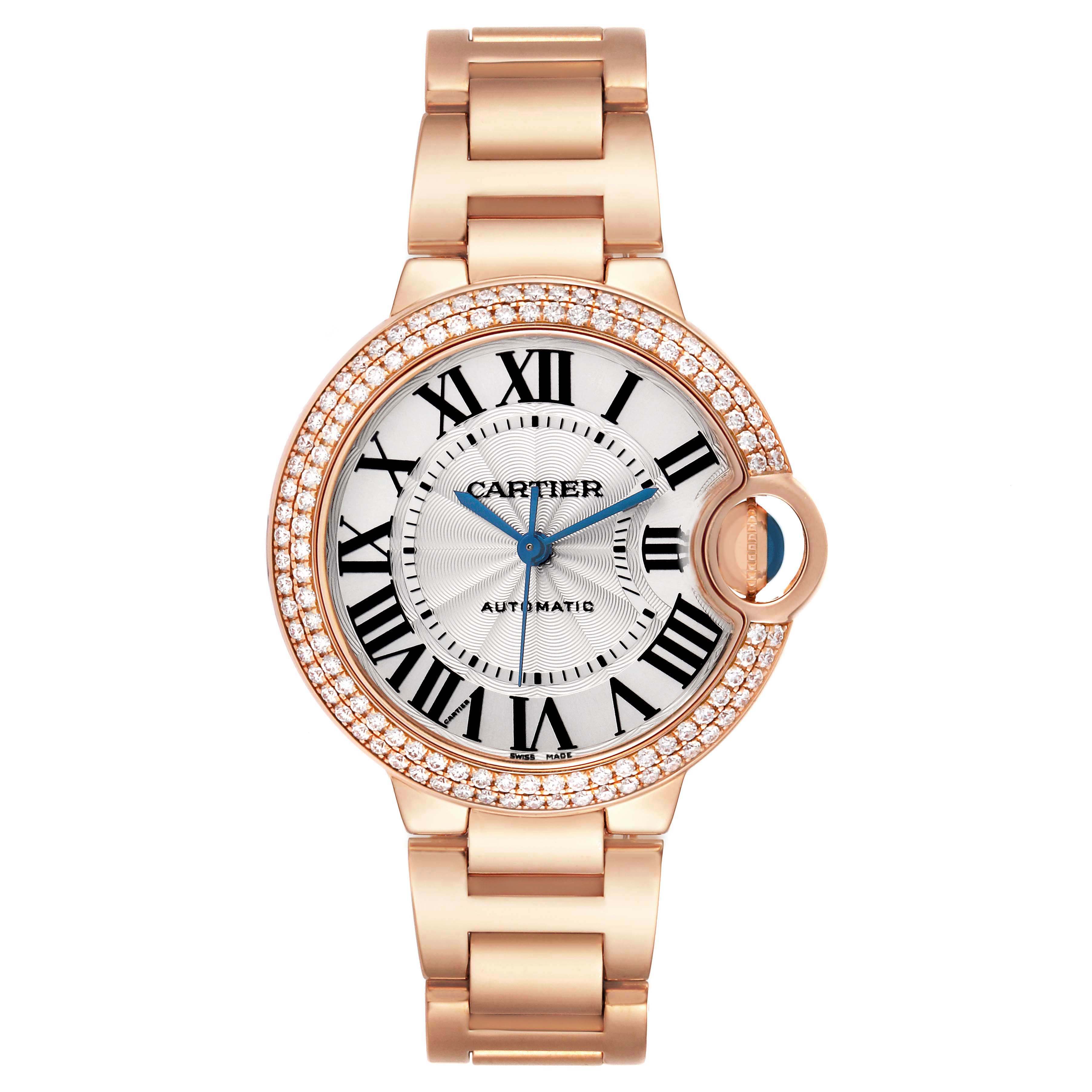 The Cartier Ballon Bleu WE902034 Women's Rose Gold Silver Dial watch is shown from a top view, displaying the face, Roman numerals, and bracelet.