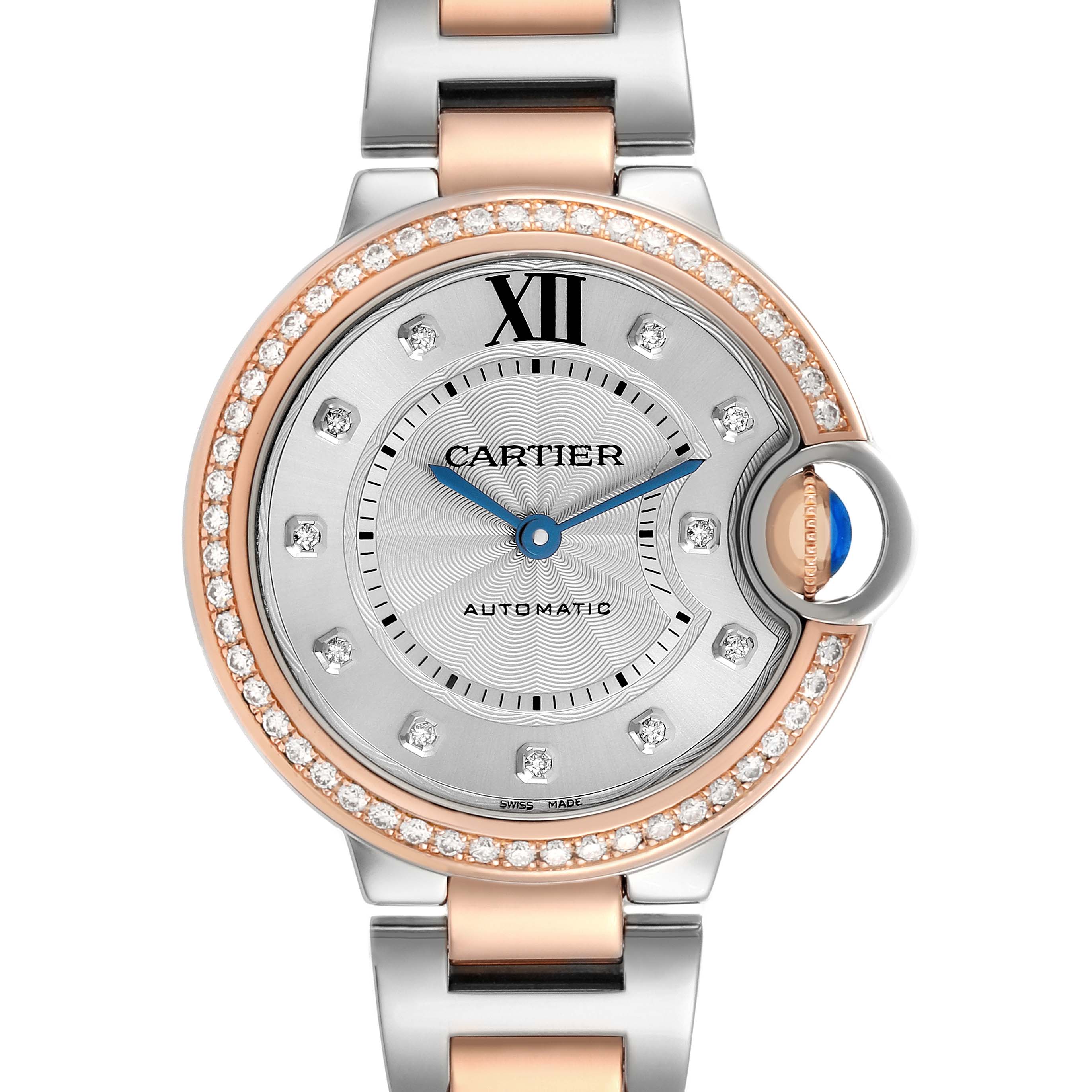 The Cartier Ballon Bleu WE902077 Women's Steel and Gold (two tone) Silver Dial watch is shown from the front, highlighting the diamond-studded bezel and blue sapphire crown.