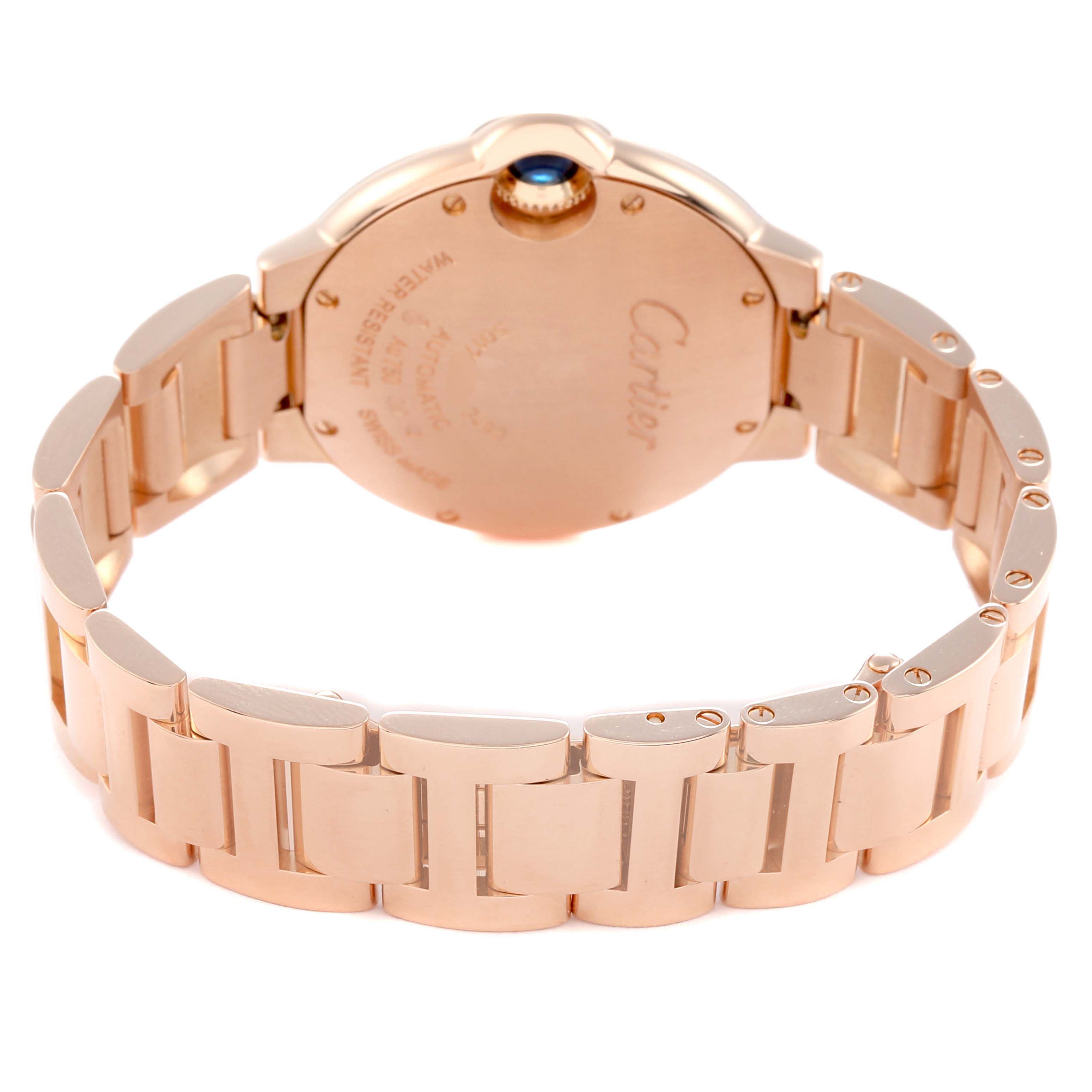 The image shows the back and bracelet of the Cartier Ballon Bleu WE902039 men's watch, highlighting the case back and linked bracelet design.