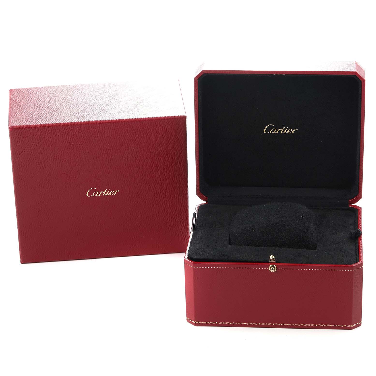 The image shows a red Cartier watch box designed for the Ballon Bleu model WE902039, with an open view revealing a black velvet interior for a men's watch.