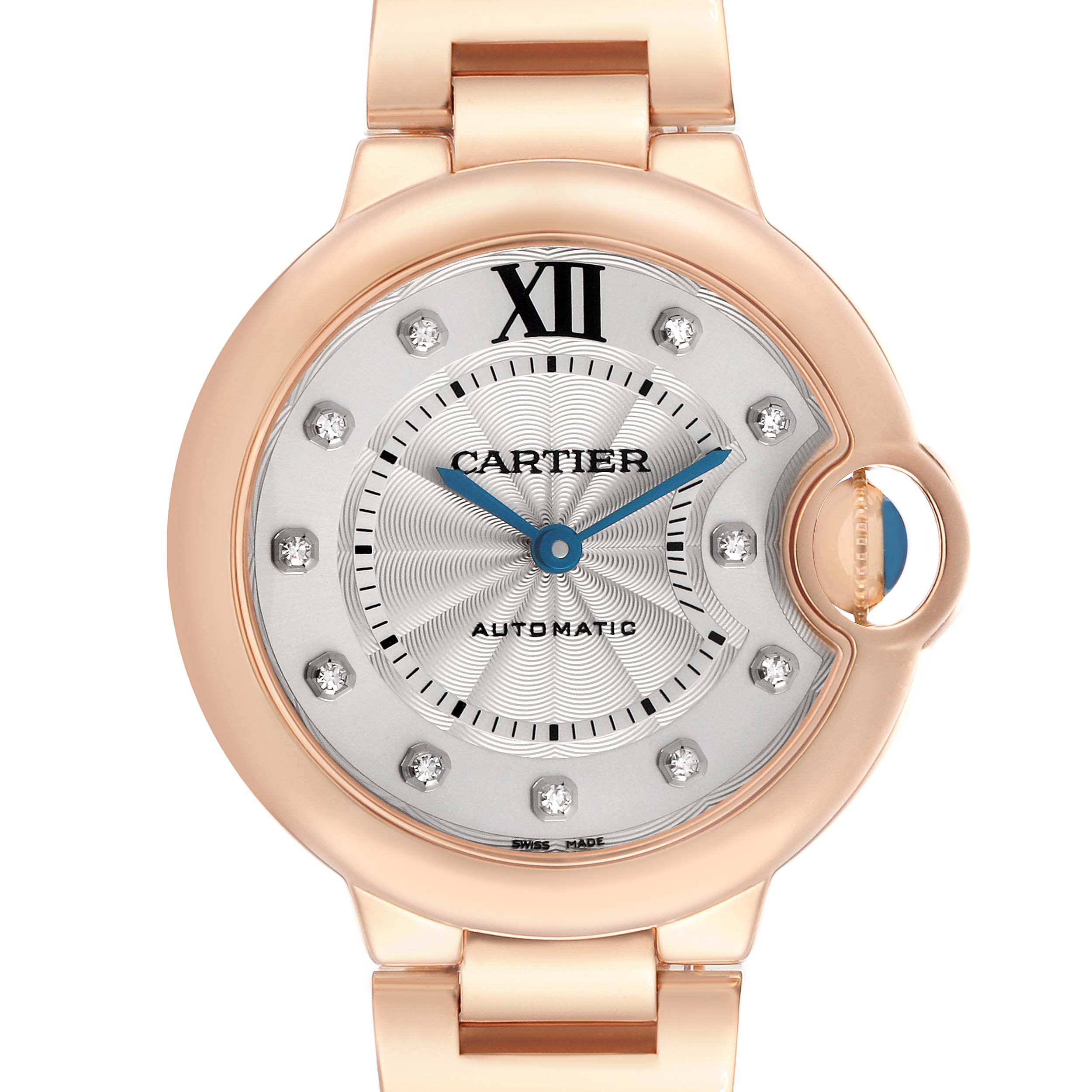 The image shows a frontal view of the Cartier Ballon Bleu men's watch, model WE902039, highlighting its round dial, roman numeral, and diamond markers.