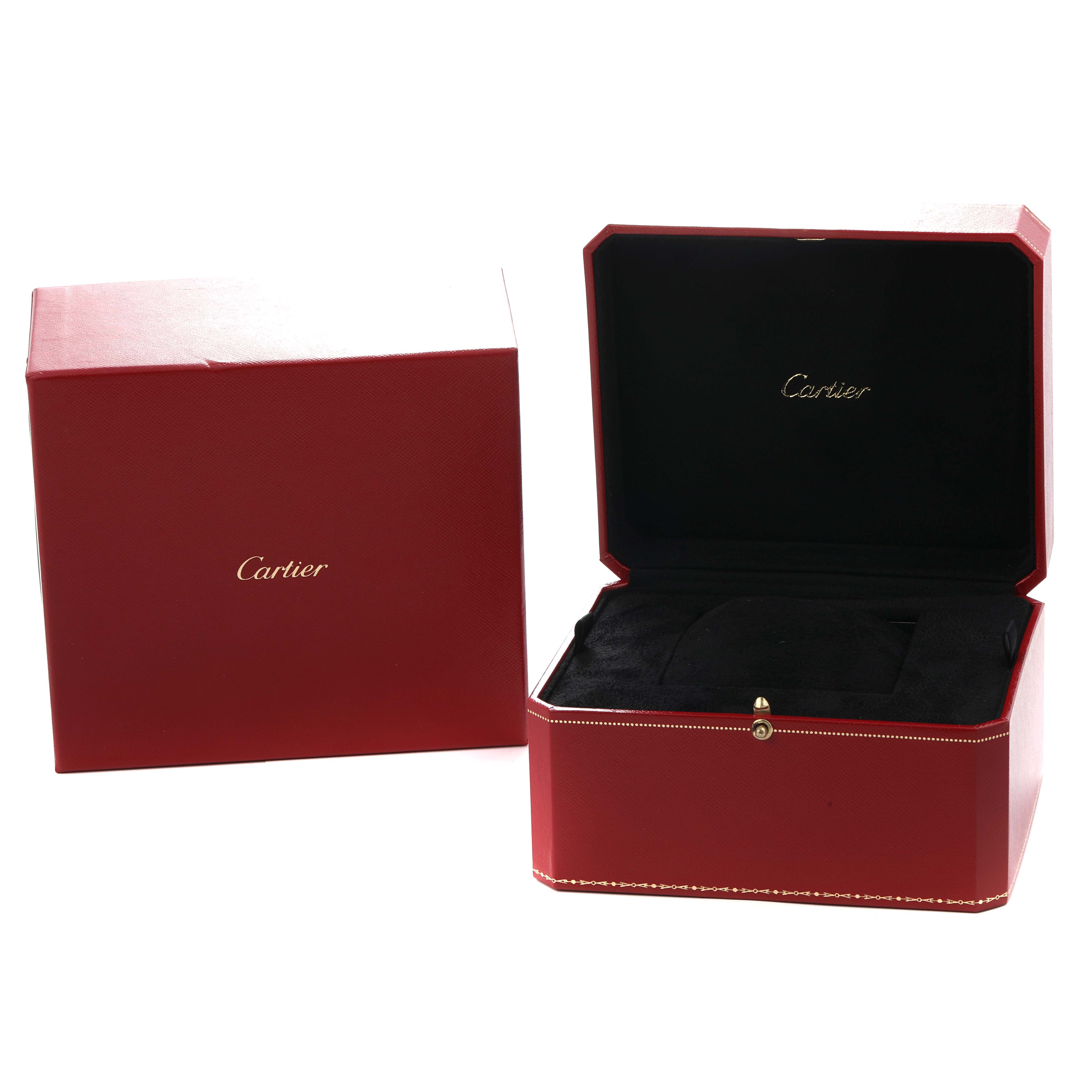 This image shows the red Cartier box and open case for the Ballon Bleu model WE902034 men's watch.