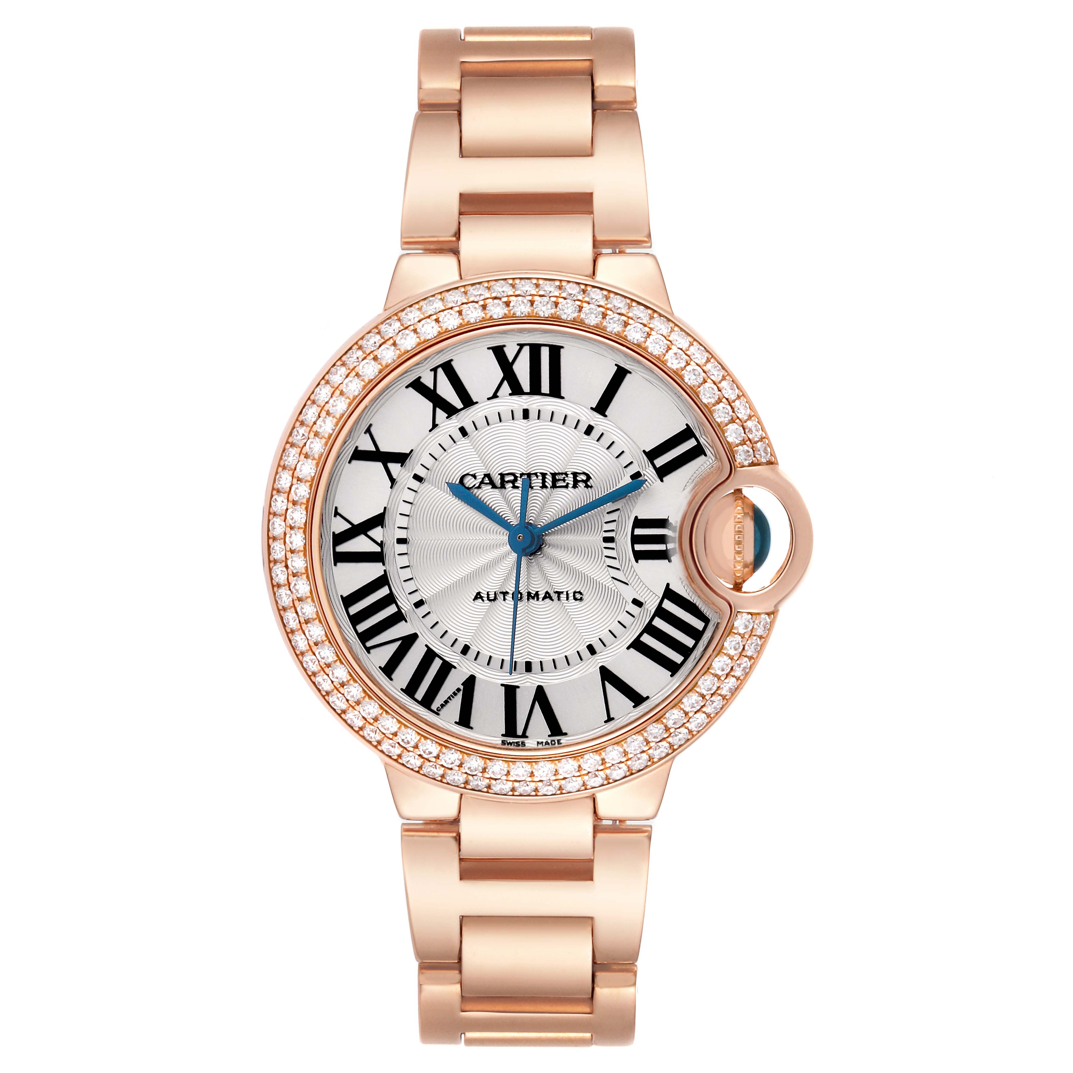 The Cartier Ballon Bleu WE902034 men’s watch is shown from a top-down angle, highlighting its round face, Roman numerals, and metal bracelet.