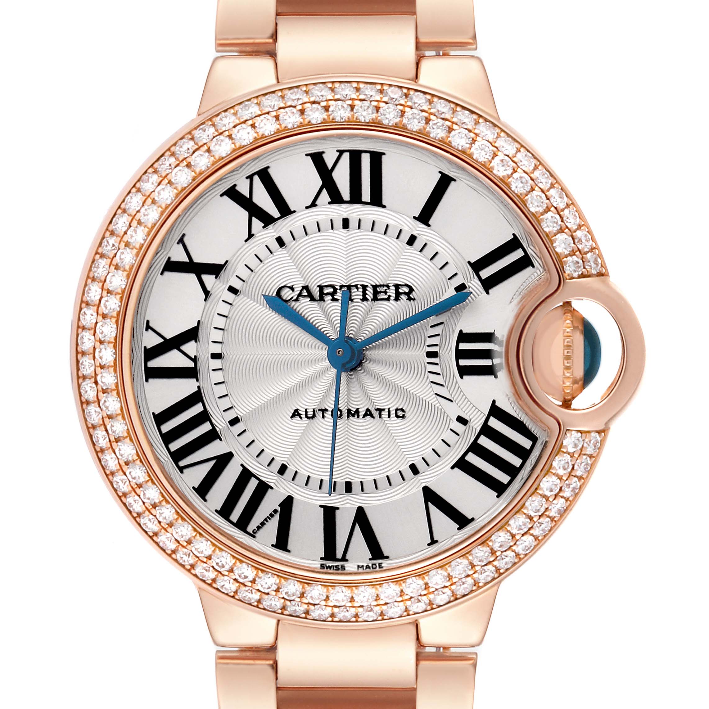 The image shows a Cartier Ballon Bleu model WE902034 watch from the front, displaying the face, diamond bezel, hands, and crown detail.