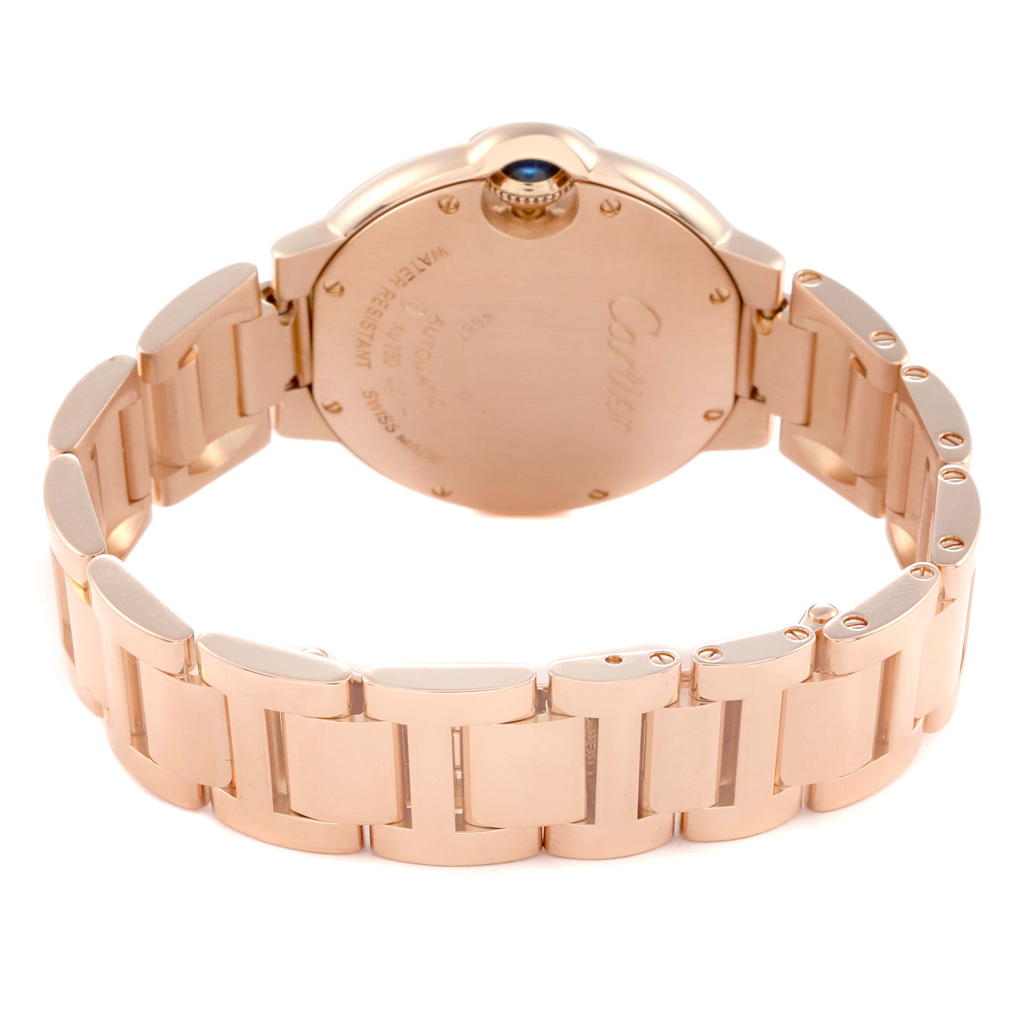 The image shows the back view of a Cartier Ballon Bleu model WE902034 men's watch, highlighting the case back and bracelet links.