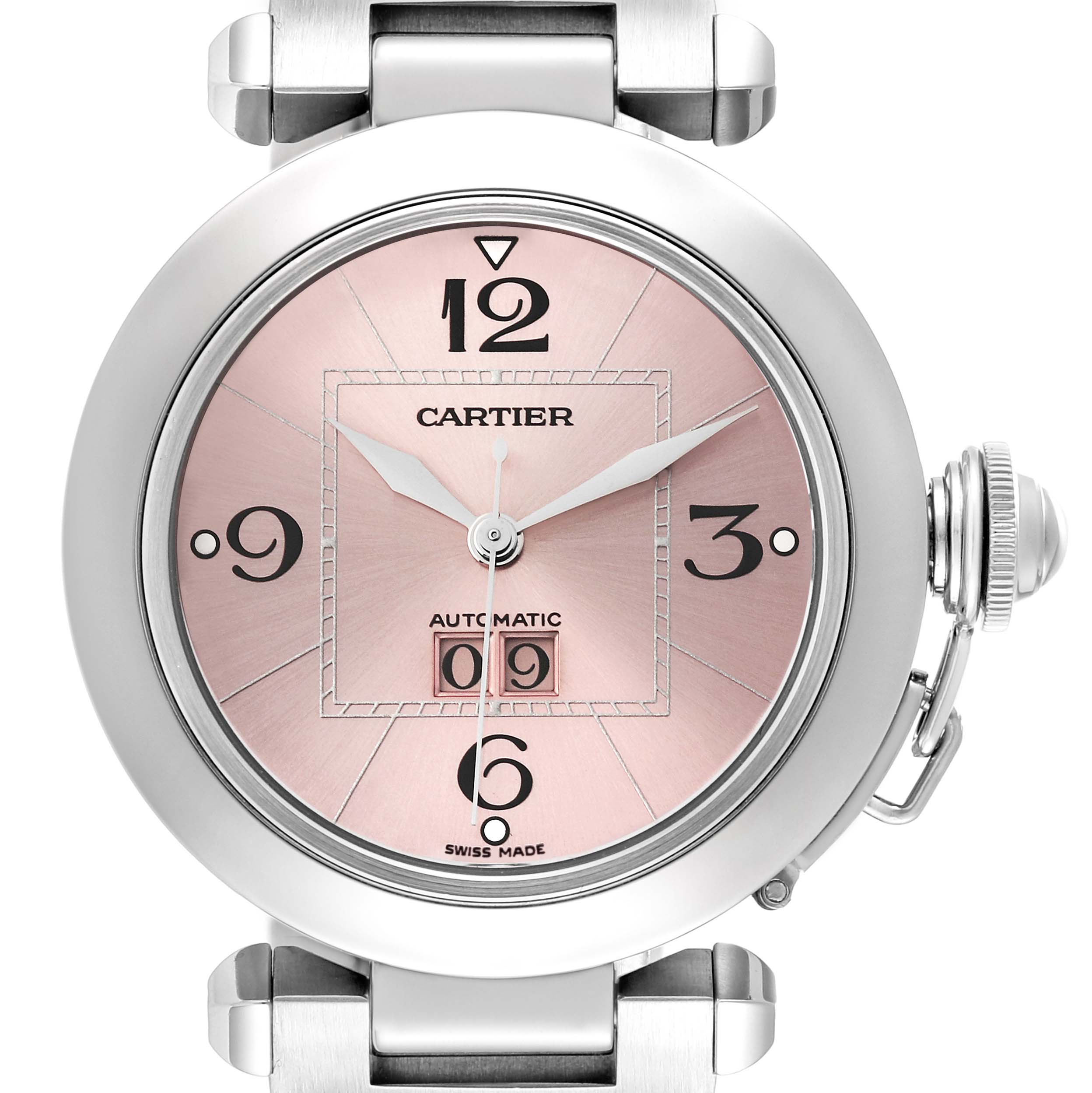 This image shows the front view of the Cartier Pasha W31058M7 Women's Stainless Steel Pink Dial W31058M7 Women's Stainless Steel Pink Dial watch, highlighting its dial, hands, and distinctive crown guard.